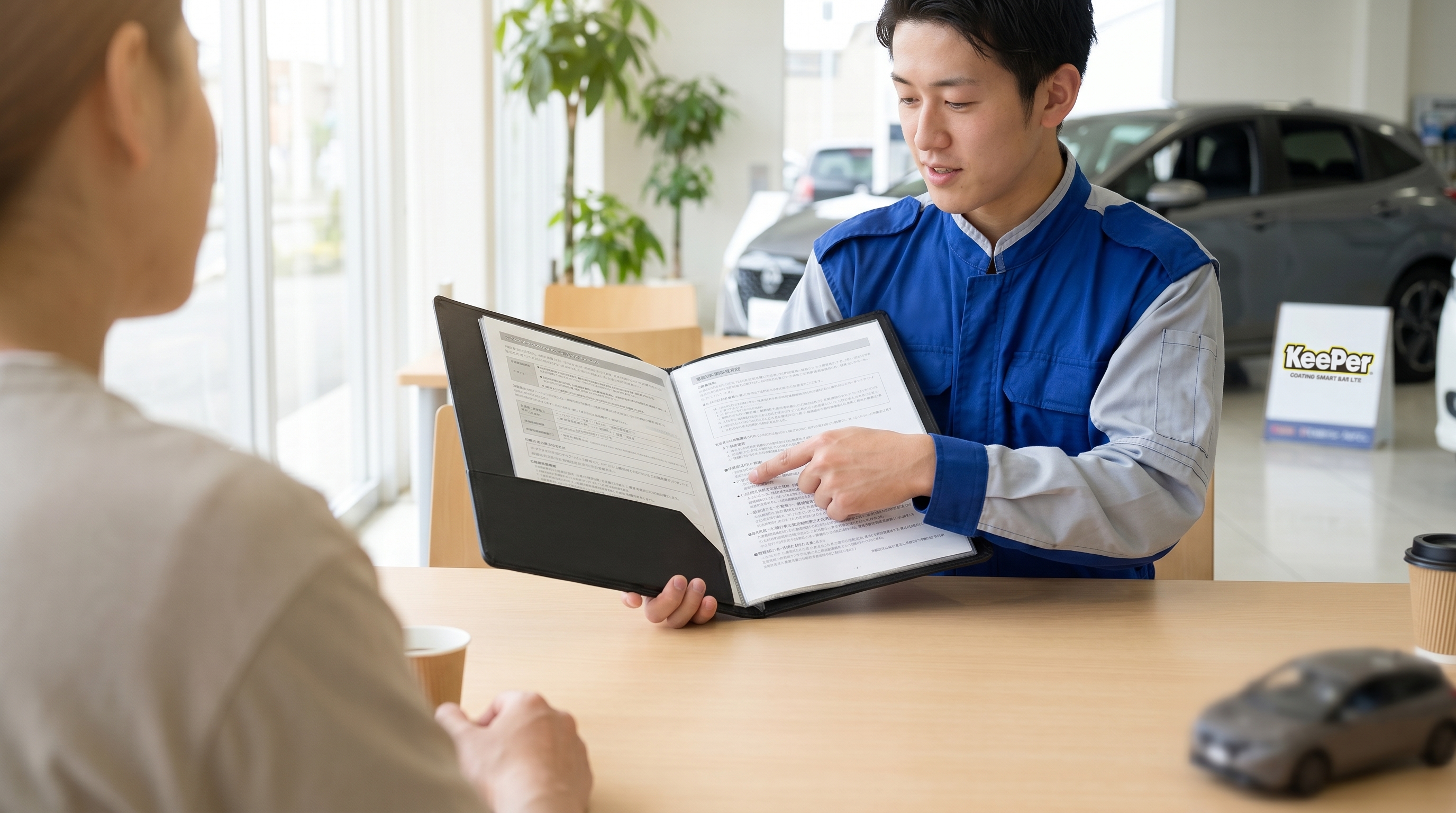 初夏の爽やかな自然光が包み込む明るいショールームの商談テーブルで、制服姿のスタッフが黒いバインダーを開いて顧客に丁寧に保証内容を説明しているシーン。