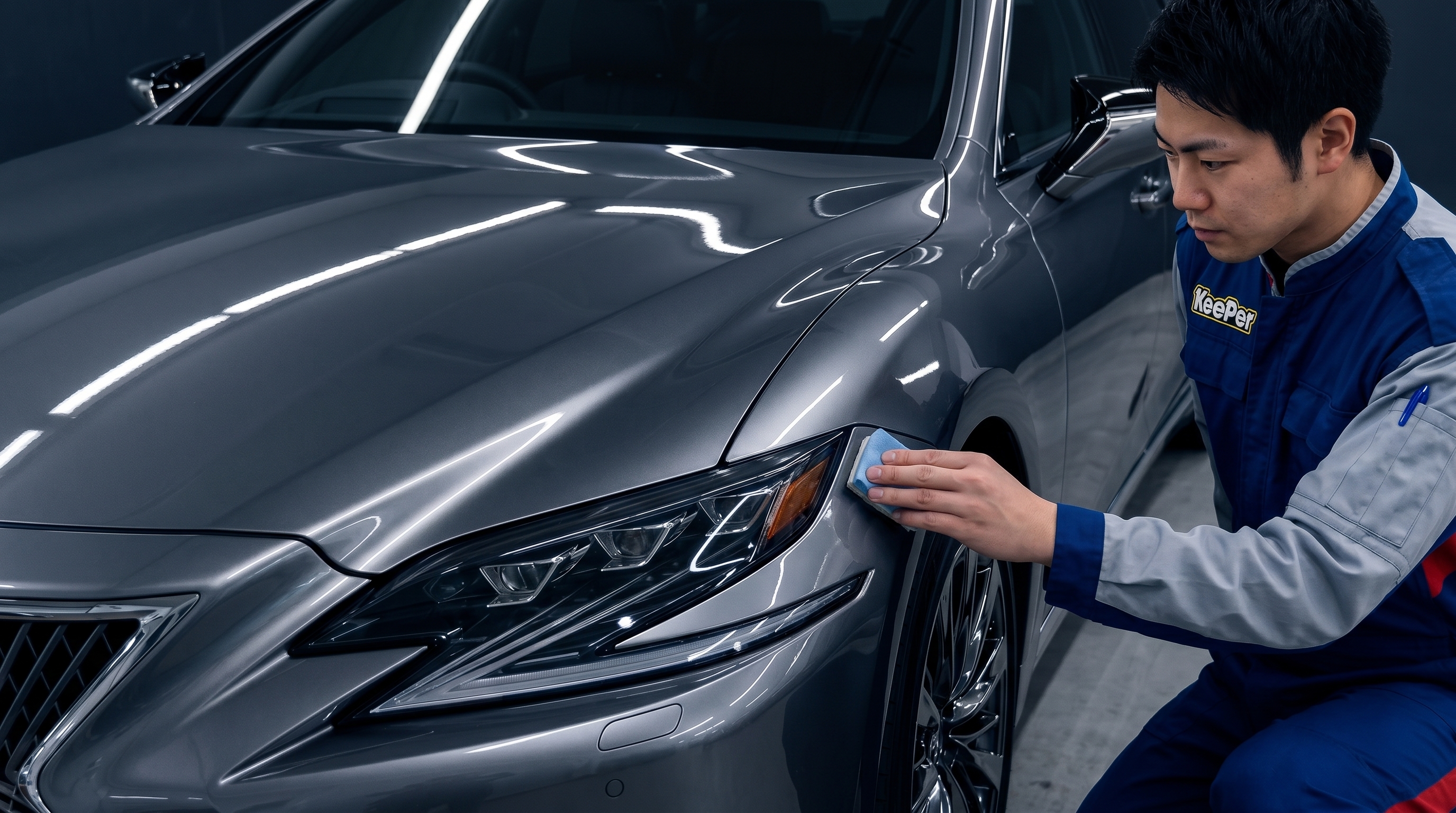 プロのスタッフがカーコーティングを施工し、艶やかに仕上がった車のクローズアップ。磨き上げられた塗装面に光が美しく反射する、高級感あふれる落ち着いた雰囲気の様子。