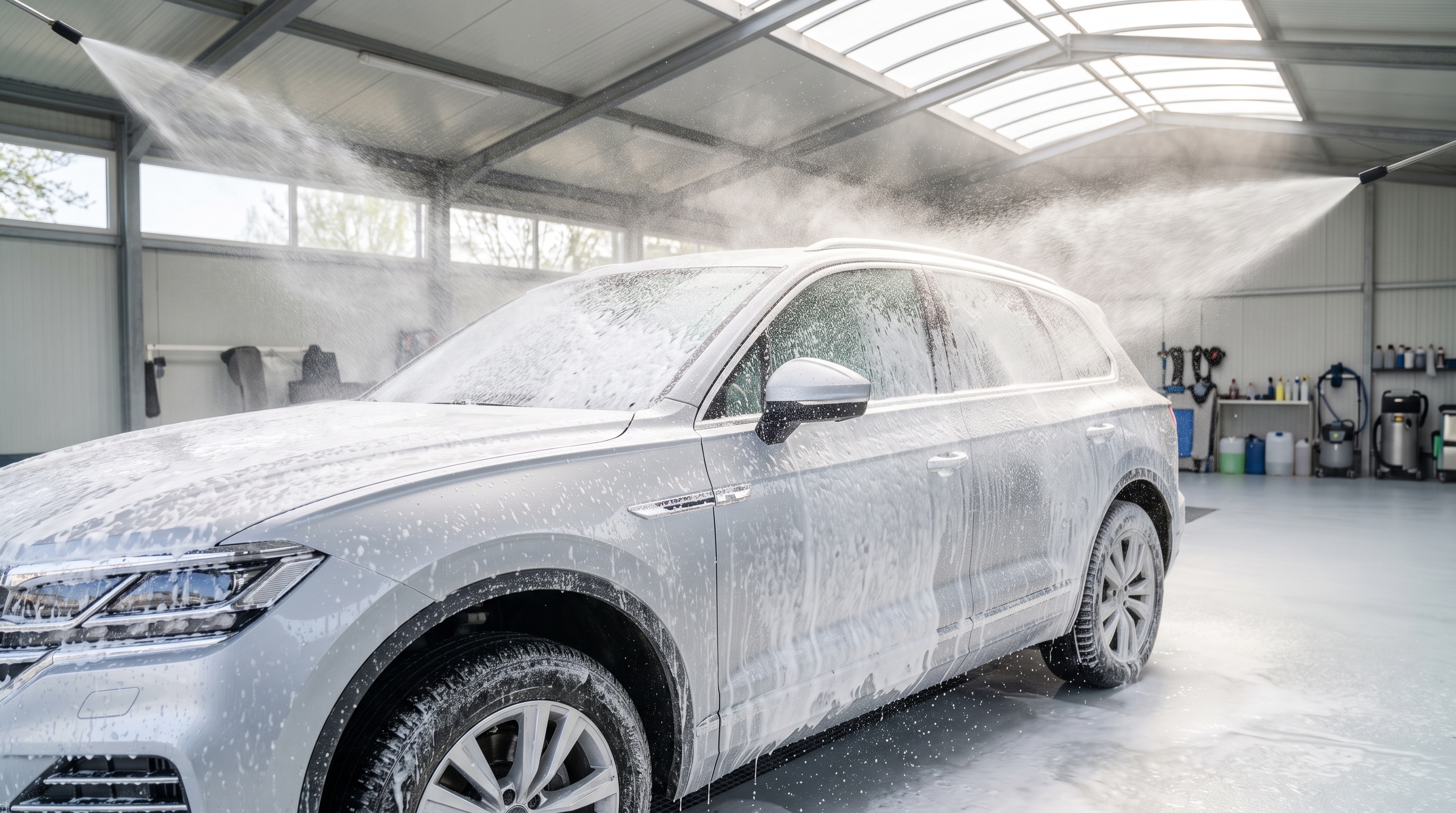 洗車スペースで、純水のミストと真っ白な泡がシルバーのSUVを優しく包み込んでいる瞬間。こすらずに水流と泡の力だけで花粉を洗い流す、塗装に優しい洗車風景です。