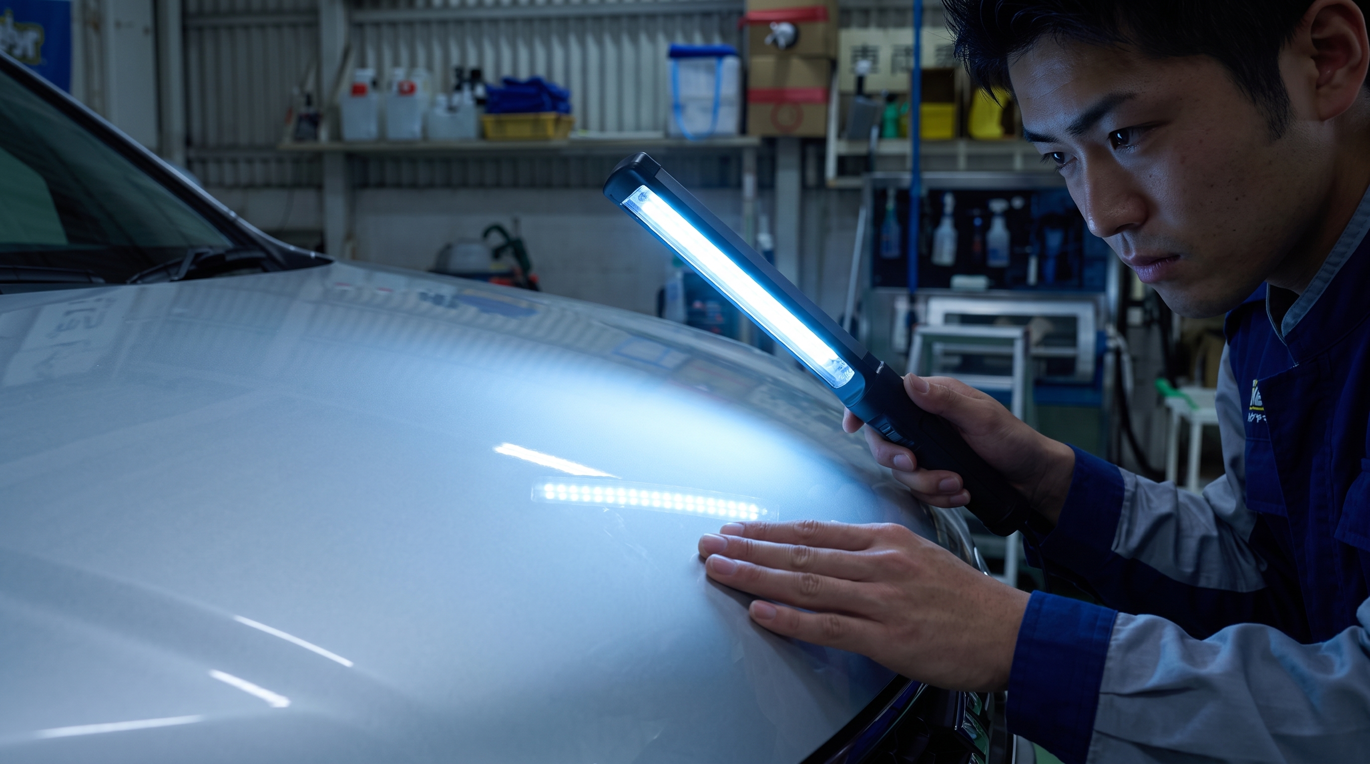 照明を落としたプロ仕様の施工ブースにて、施工スタッフが青白いLEDチェックライトで車のボディを照らし、塗装表面の状態を注意深く確認しているクローズアップ。