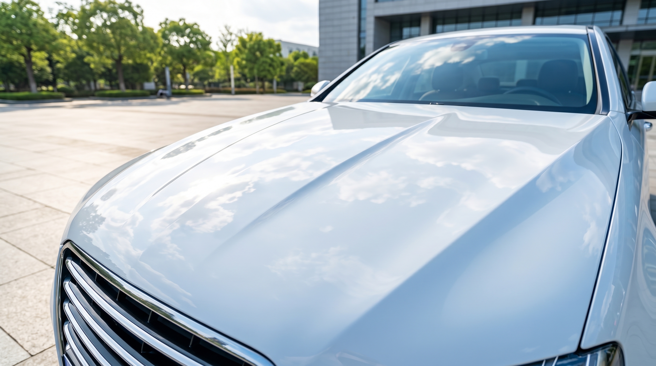 晴れた屋外で新車のように輝く白いセダンのボンネットの様子。クリアコーティングされた美しい表面には、周囲の青空と白い雲が鏡のように鮮やかに反射しています。