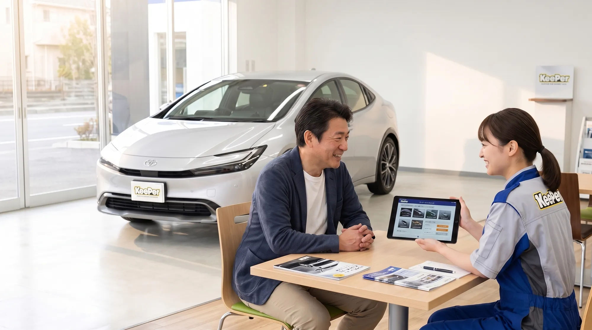 明るい光が差し込む店内のテーブル席で、車のオーナーと制服姿のスタッフがタブレット端末を見ながら笑顔で相談し、窓越しには美しいシルバーの車が見える様子。