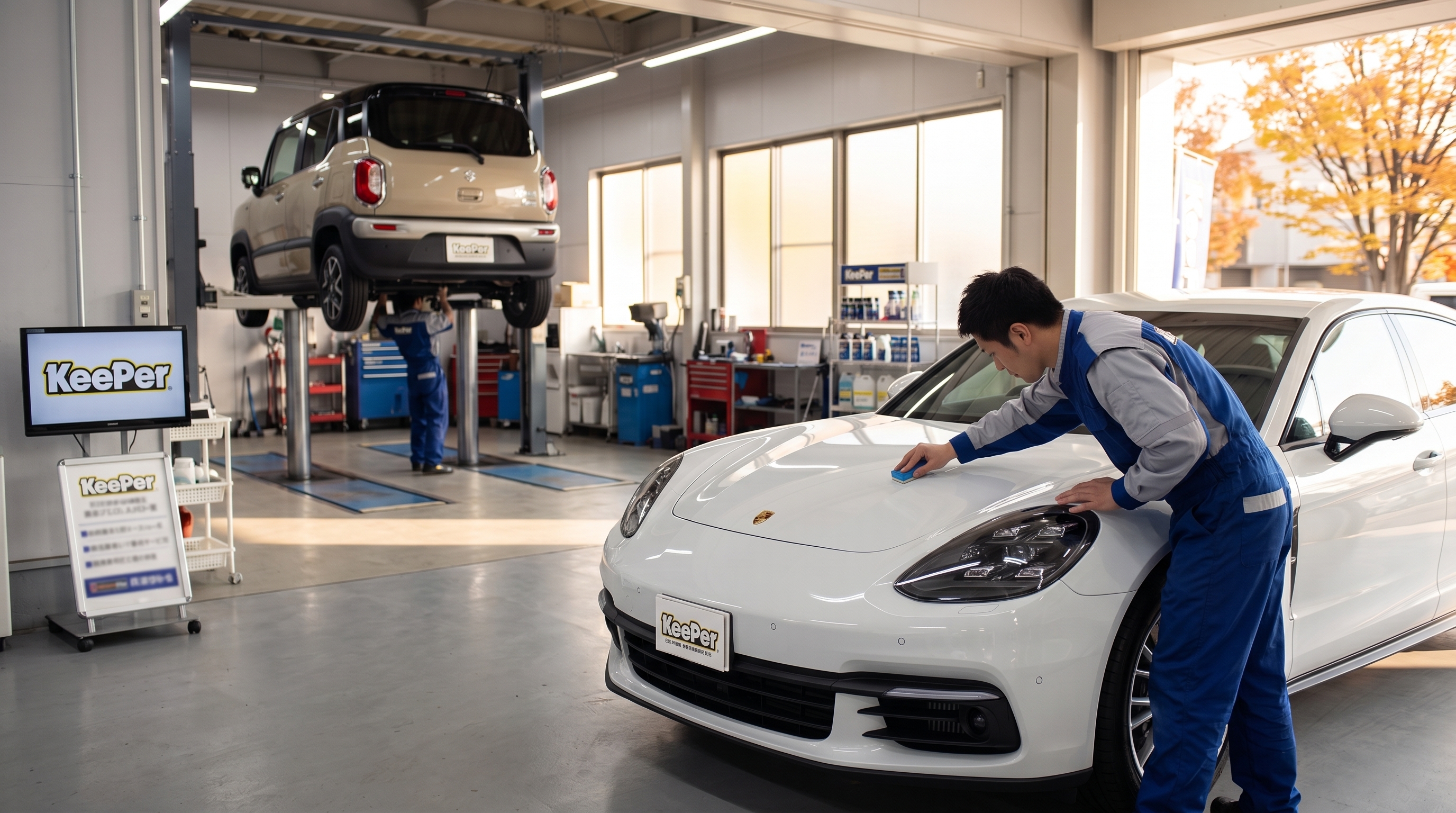 柔らかな日差しが差し込む自動車整備工場で、スタッフが白いセダンにコーティングの仕上げ作業を行い、奥では別の車が整備を受けている活気あるシーン。