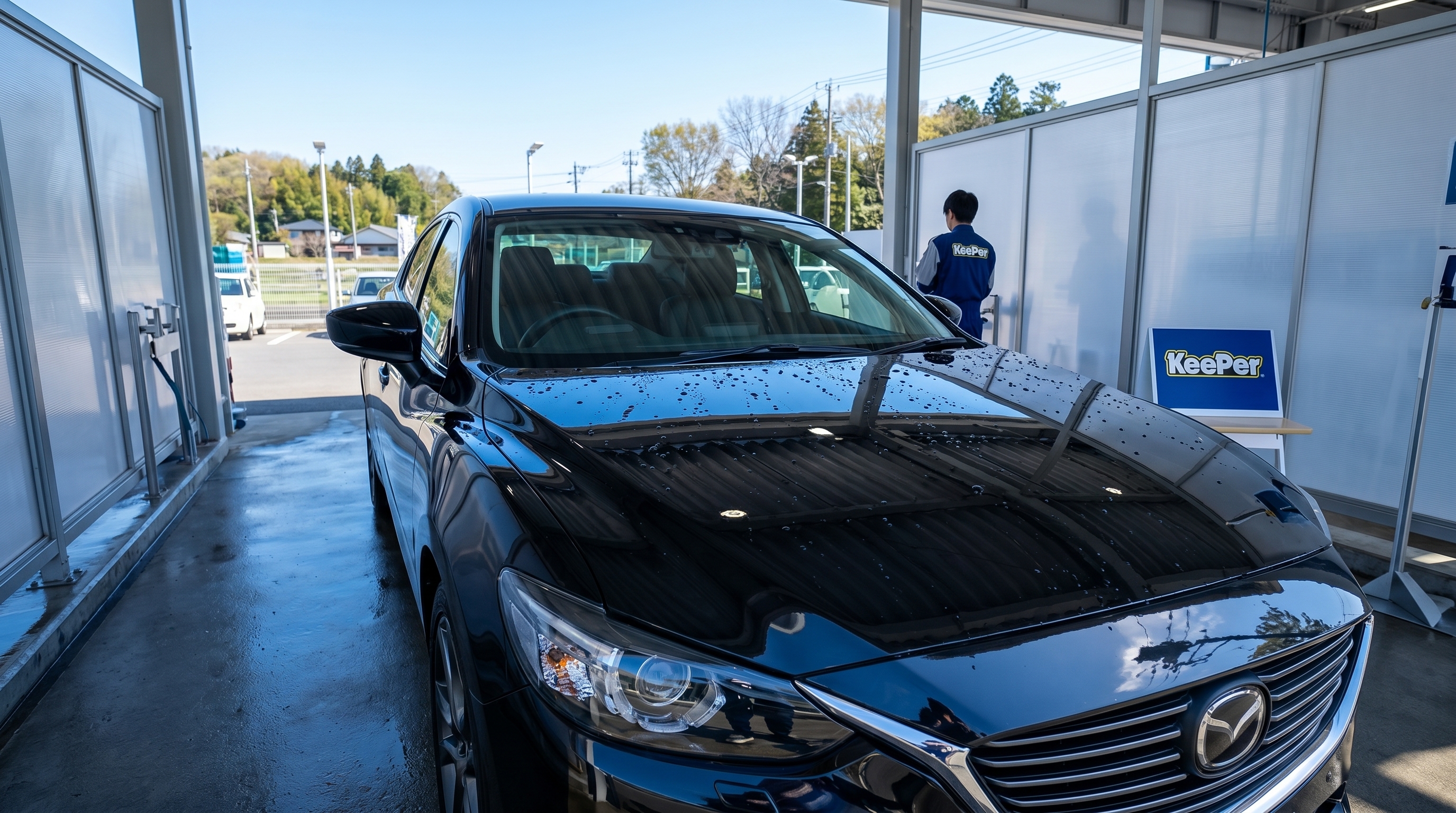 自然光が差し込む洗車ブースで、青空が鏡のように美しく反射する黒いセダンの様子。水滴が丸く弾き、水垢のない完璧なコーティング被膜の質感を捉えたクローズアップ。