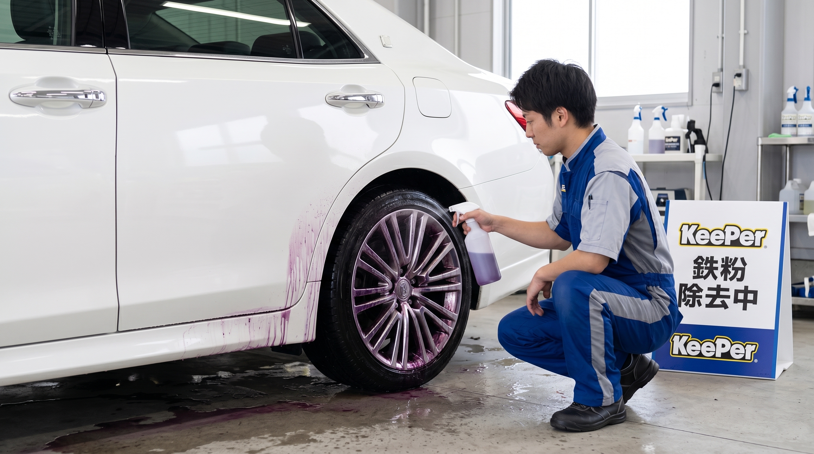 屋内ブースで鉄粉除去スプレーを使用する作業シーン。白い車のホイールやドア下部に吹きかけられた液体が、鉄粉と反応して紫色に溶け出している様子を捉えています。