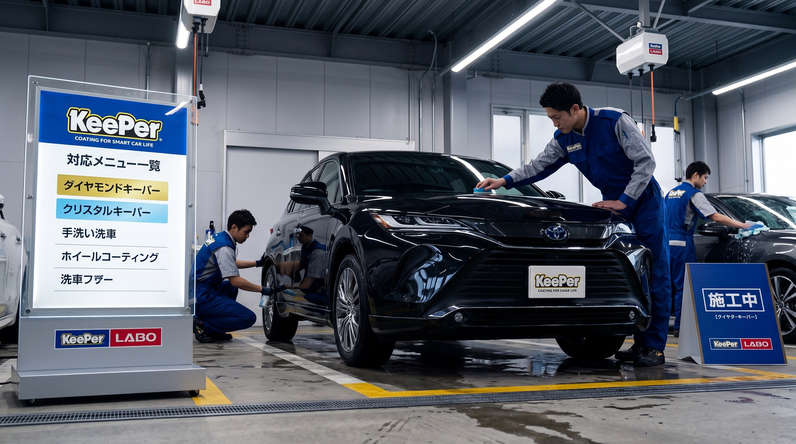 ローアングルから捉えた、カーコーティング施工後の艶やかな黒系ボディの車のクローズアップ。周囲の景色が反射するディテールが際立つ、重厚で引き締まった色味の様子。
