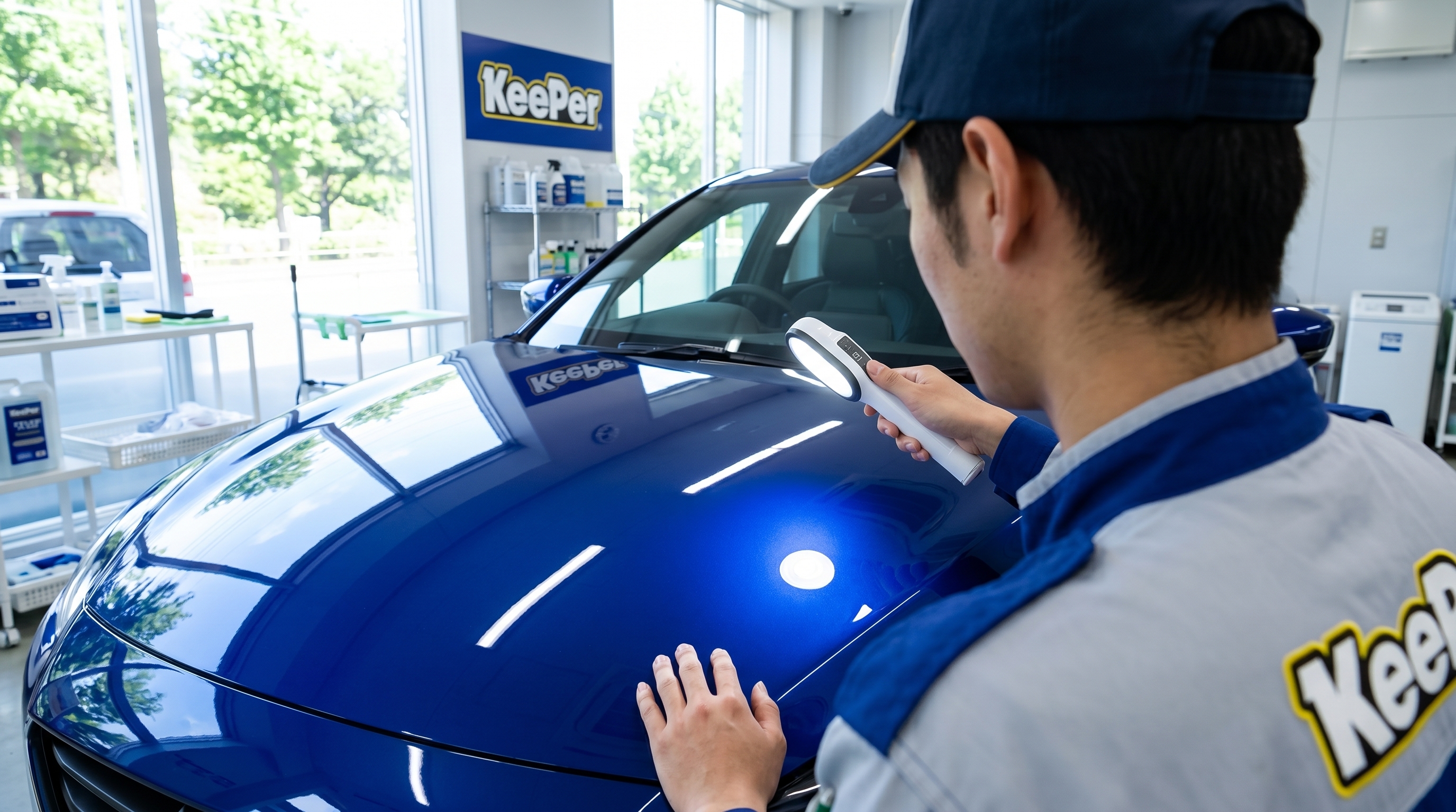深い青色の車体にハンディライトを当てて光沢の仕上がりを確認する施工スタッフの様子。スタッフの肩越しから美しいボディの反射を捉えた、明るい屋内での作業シーン。