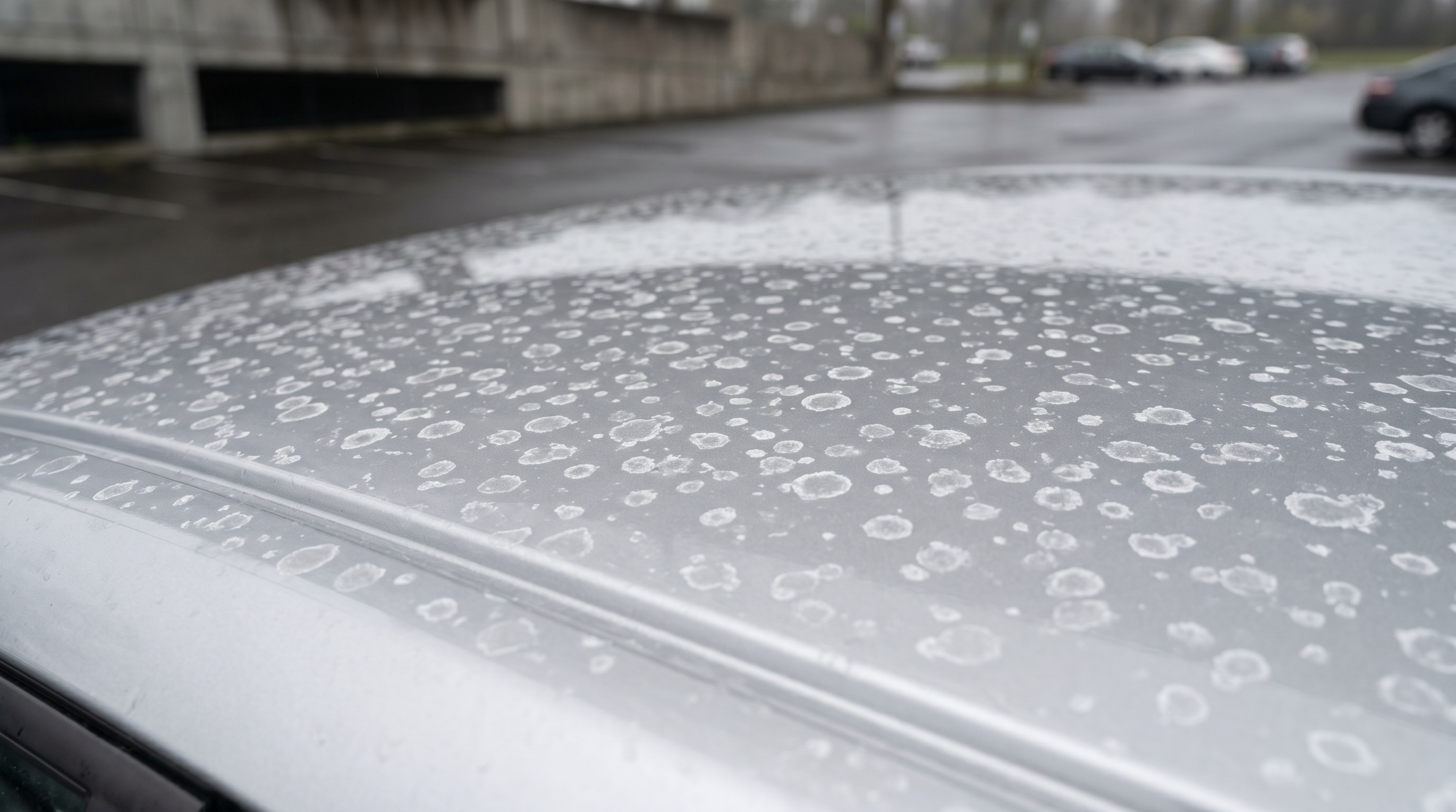 車のルーフ部分に付着した、雨上がり後の白い斑点状の汚れのクローズアップ。雨水のミネラル分が乾いて残った跡を、屋外駐車場を背景にリアルな質感で捉えた様子です。