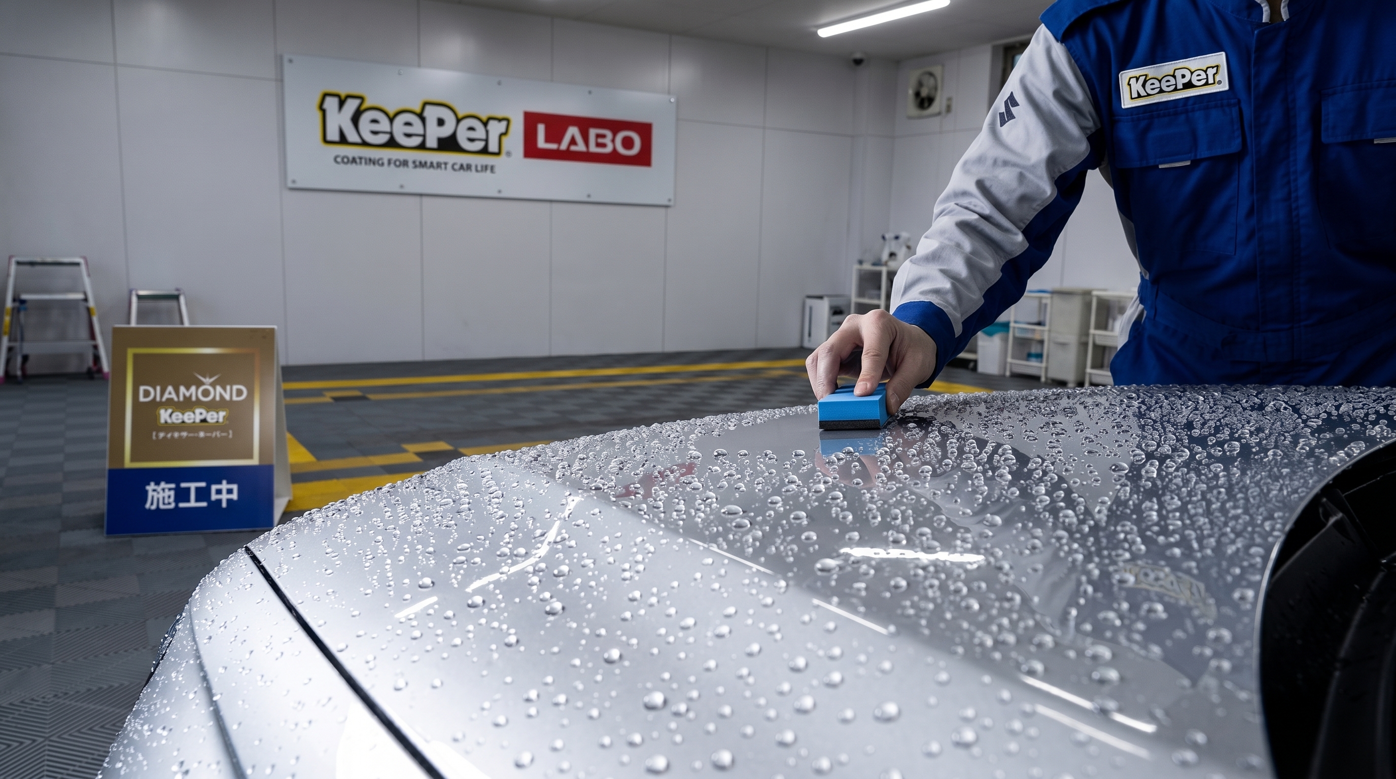 カーコーティング施工後のメンテナンスの様子を表現した、水滴が玉のように美しく弾く撥水ボンネットのクローズアップ。コントラストが高くクリアで写実的な質感のシーン。