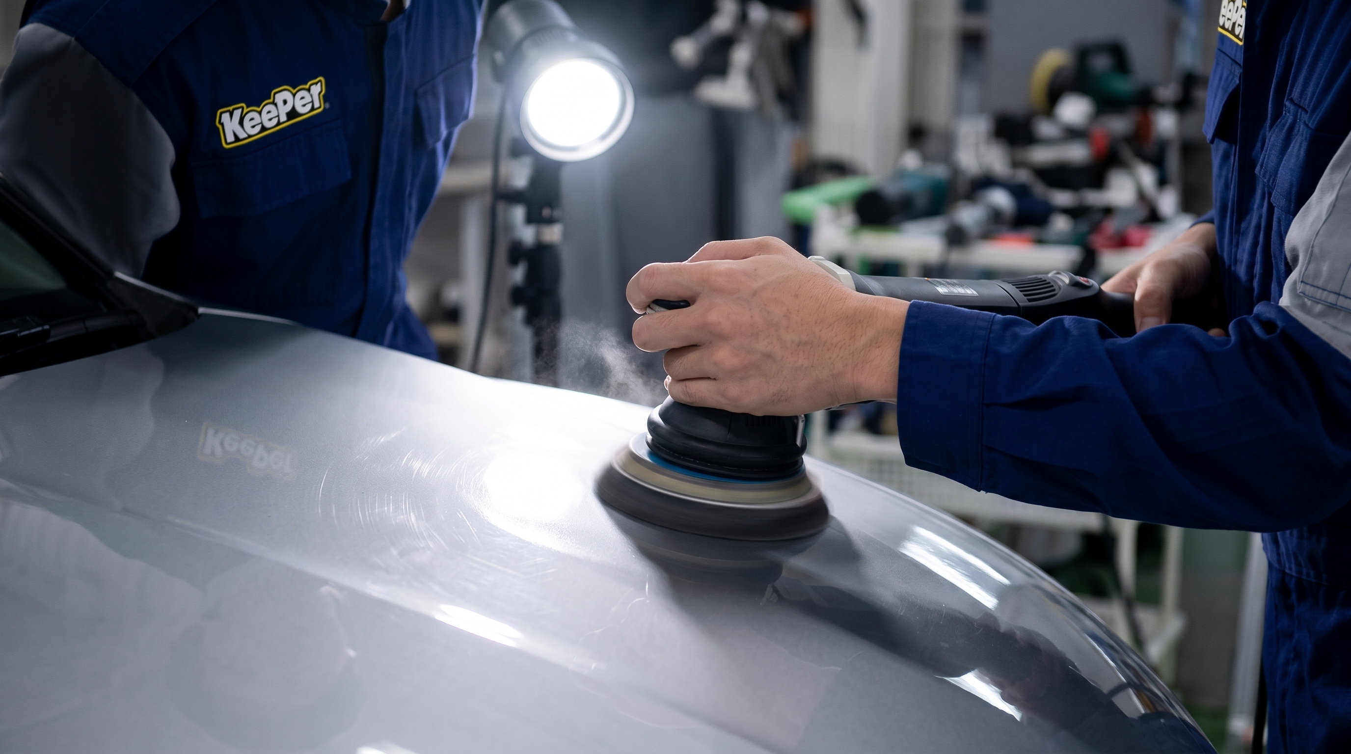 プロの施工スタッフが専用のポリッシャーで車のボディを丁寧に磨き上げている作業風景。美しく照らし出された塗装面と、確かな技術を感じさせる手元のクローズアップ。