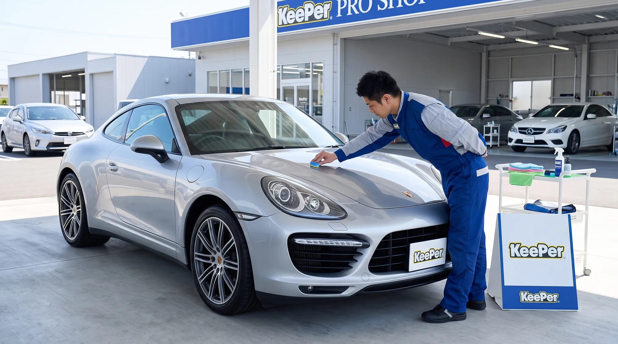 屋外の明るく爽やかな自然光の下で、車のボディ塗装にコーティング作業を行っている具体的な場面。丁寧に施工されるメンテナンス風景を写実的に捉えたリアルな様子です。