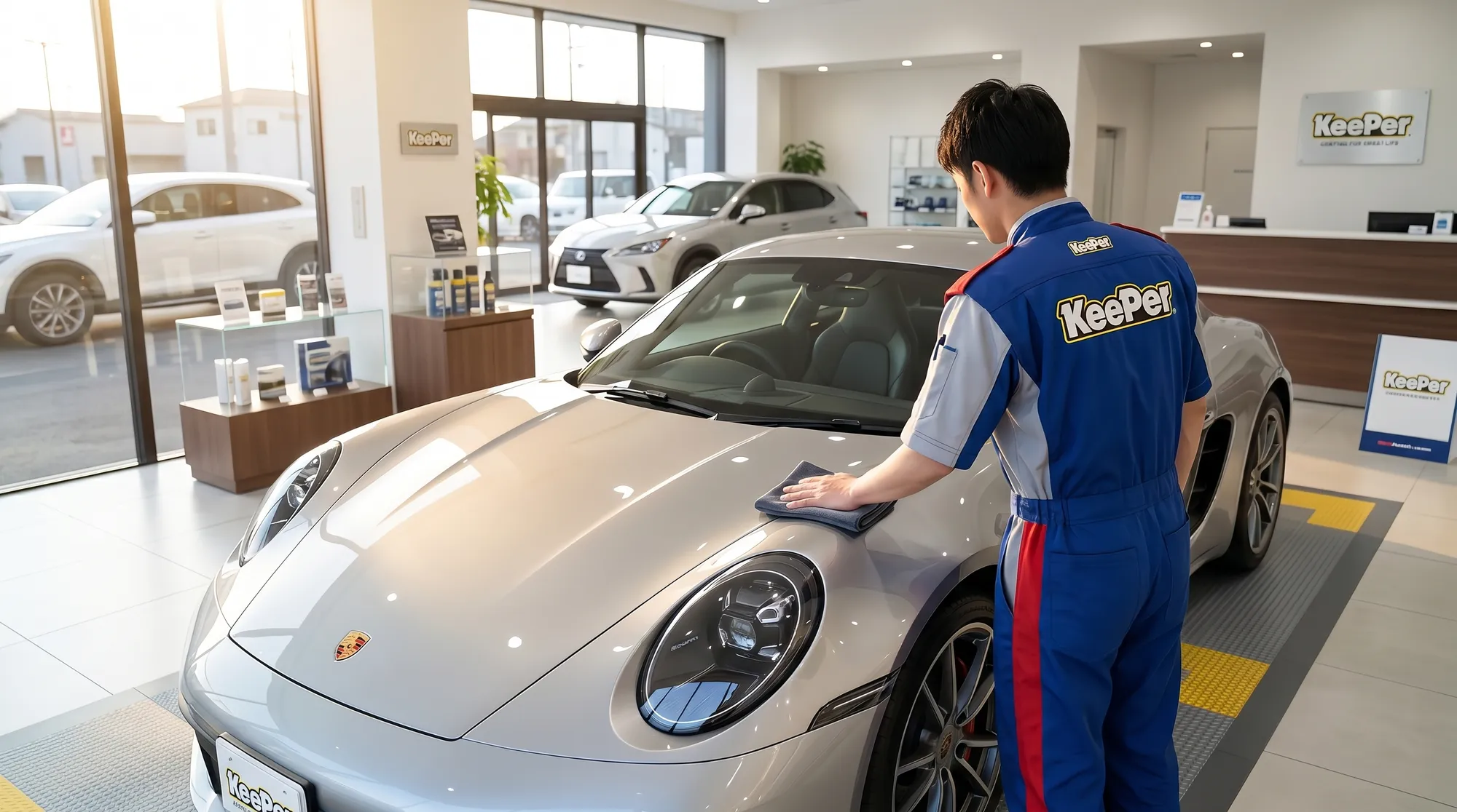 コーティング施工が完了し、新車のようにピカピカに仕上がったシルバーのスポーツカーの様子。ドライブロードを背景に温かみのある自然光を浴びる、明るく美しい写真。