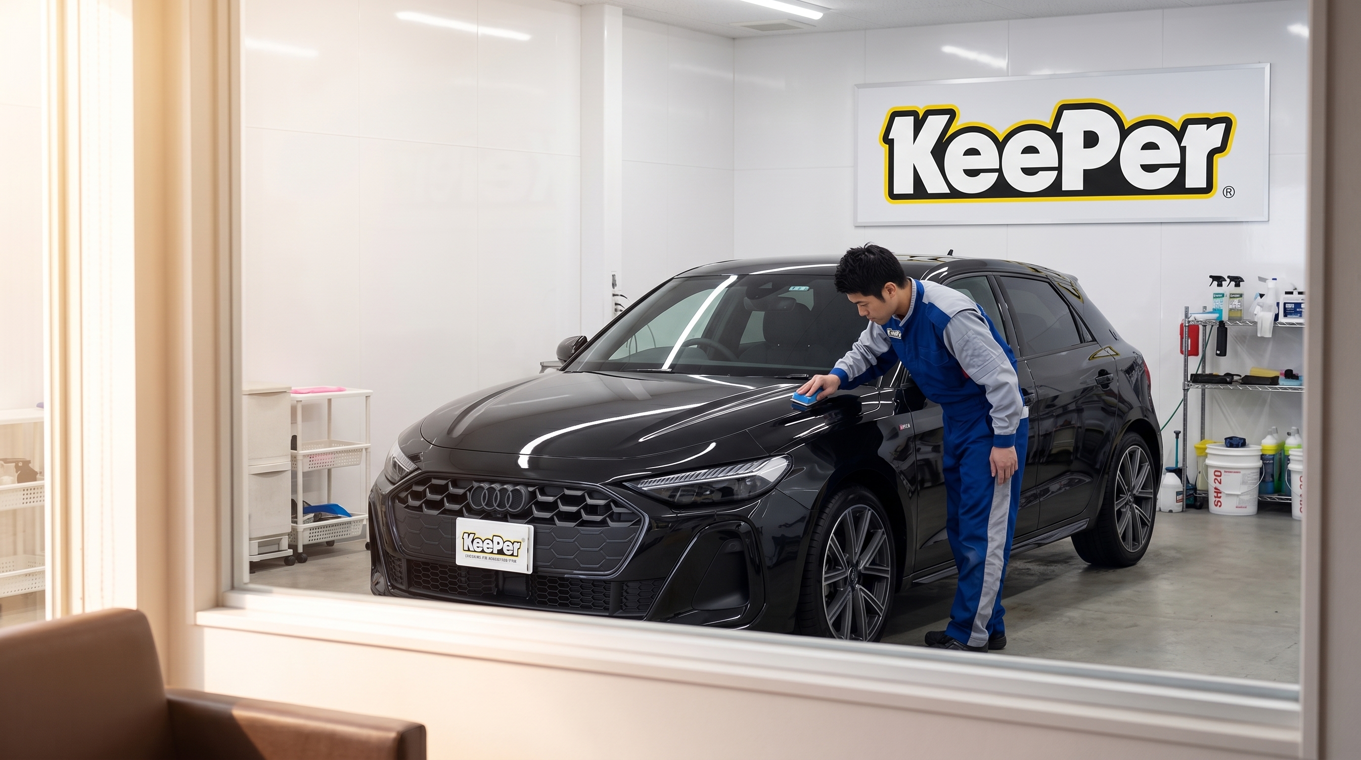 春の柔らかな日差しが差し込む待合室から、専門店の屋内施工ブースを眺めている様子。白と木目を基調とした空間から、ブース内を大きく捉えた温かみのあるシーン。