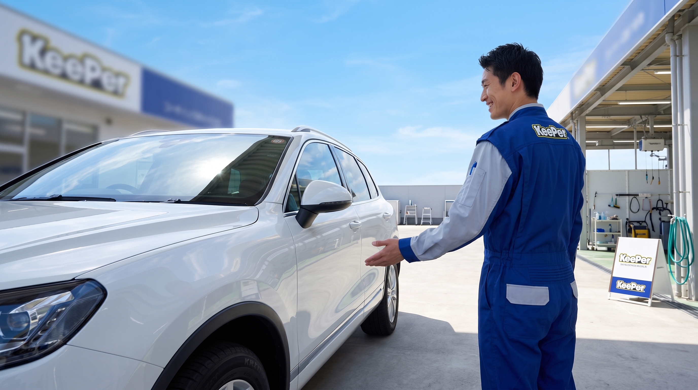 晴れた青空を背景に、カーコーティング店で青い制服のスタッフが光沢のある白いSUVを出迎える後ろ姿のシーン。自然光が車のボディに反射し美しく輝いています。