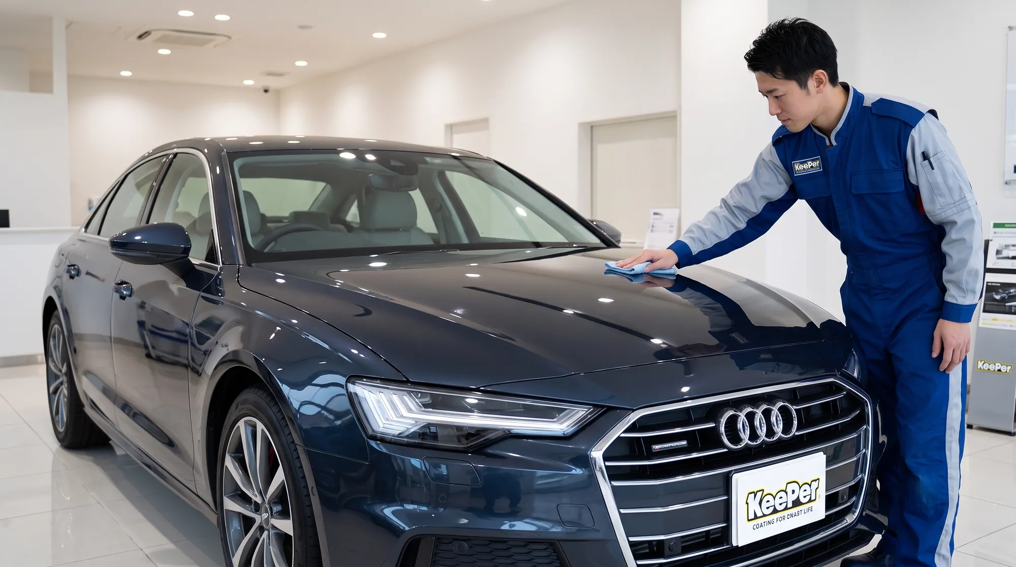 明るく清潔なショールーム内でプロによるカーコーティングが施工され、艶やかに仕上がった車の様子。磨き上げられた塗装に光が美しく映り込む、高級感のあるシーンです。