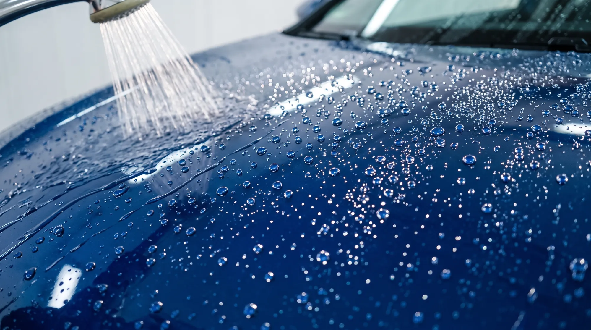 深いブルーの車のボンネットを丸い水滴が滑り落ちていく瞬間のクローズアップ。自然光が水滴に反射し、コーティングの防汚性能としなやかな被膜の美しさを表現した様子。