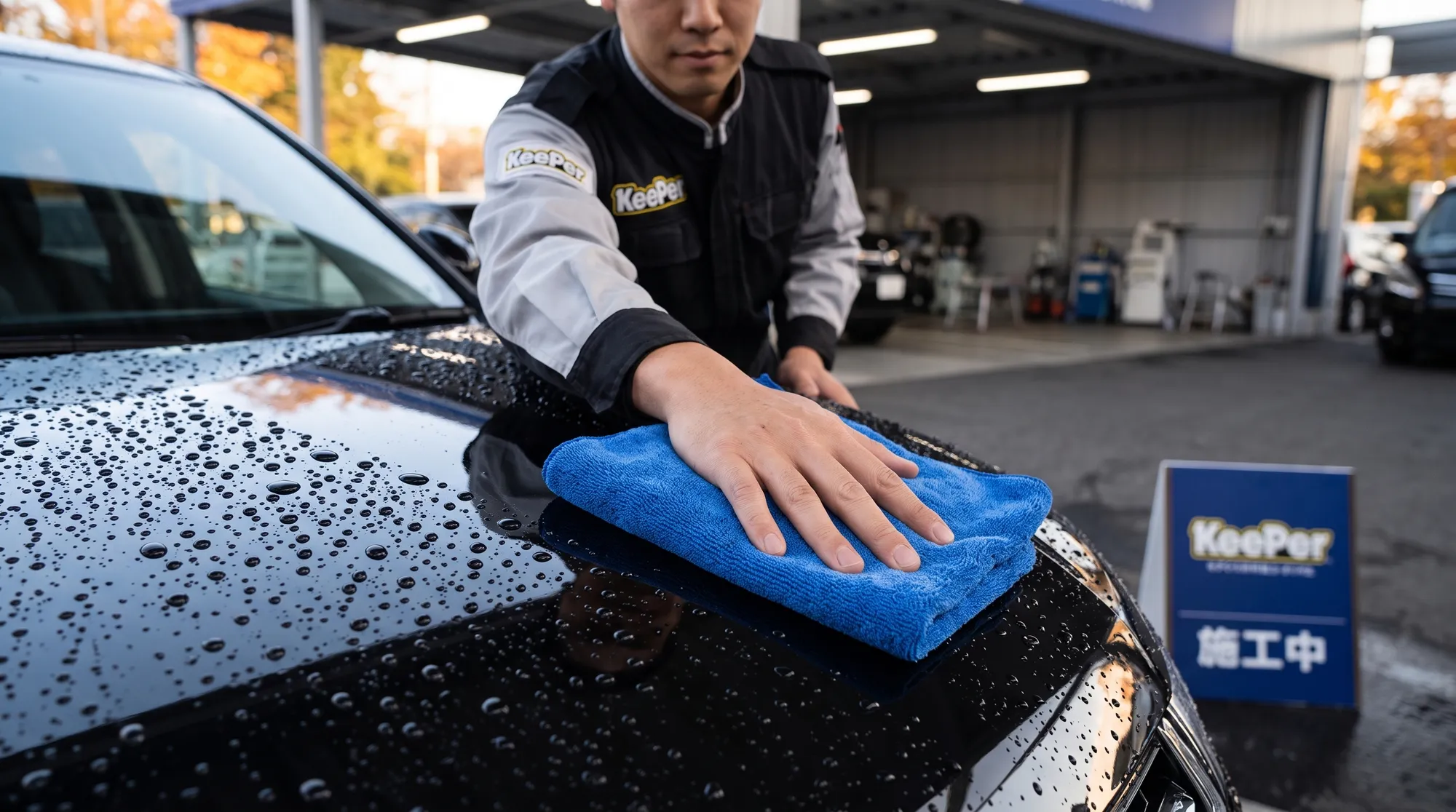 濡れた黒いSUVを青いクロスで丁寧に拭き上げる作業スタッフの手元のクローズアップ。水滴が弾くボディの質感と、自然光を反射する車体の光沢が伝わる洗車シーン。