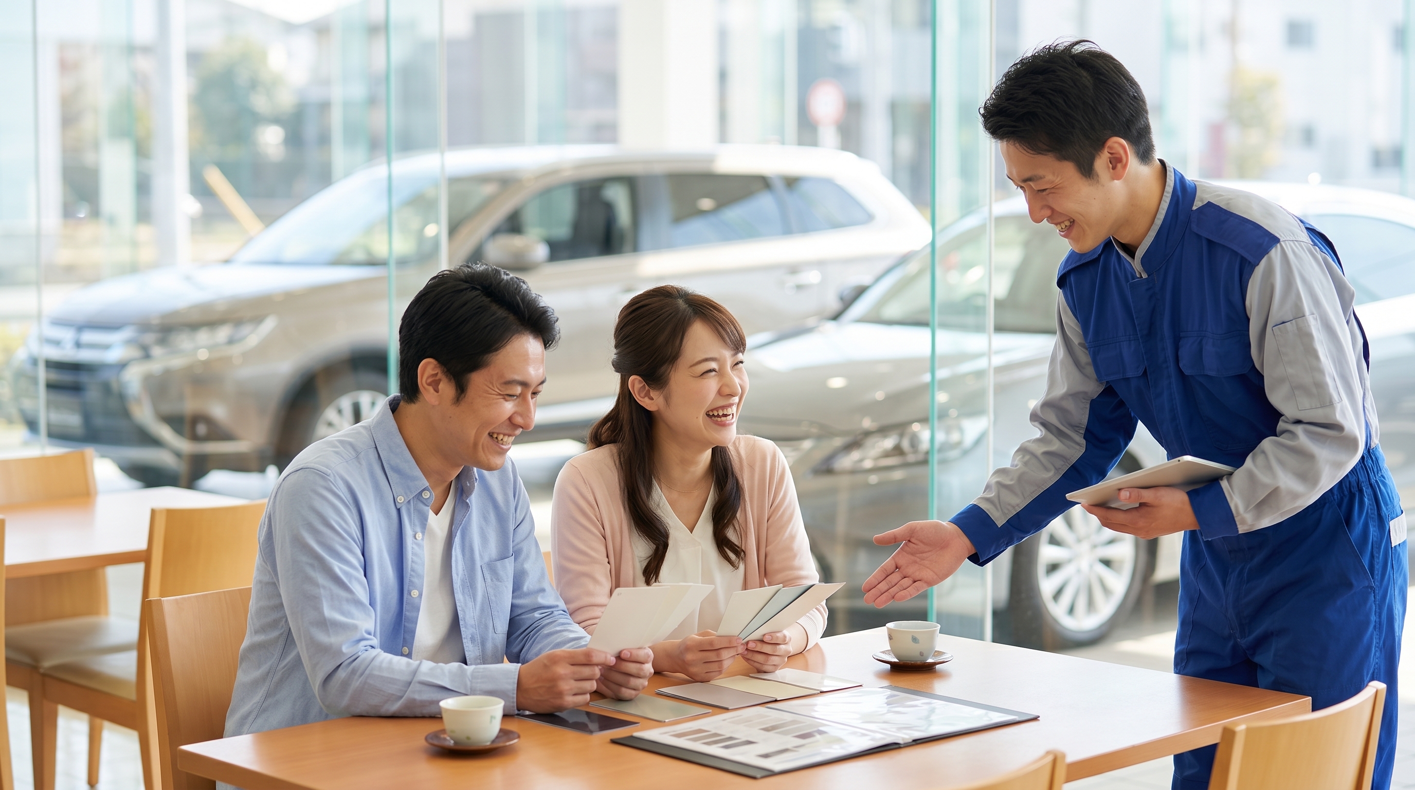 自然光が差し込む店舗の相談スペースで、スタッフと夫婦が笑顔で相談する様子。テーブルにサンプルを広げて和やかに話す3人の姿を捉えたミディアムショット写真です。