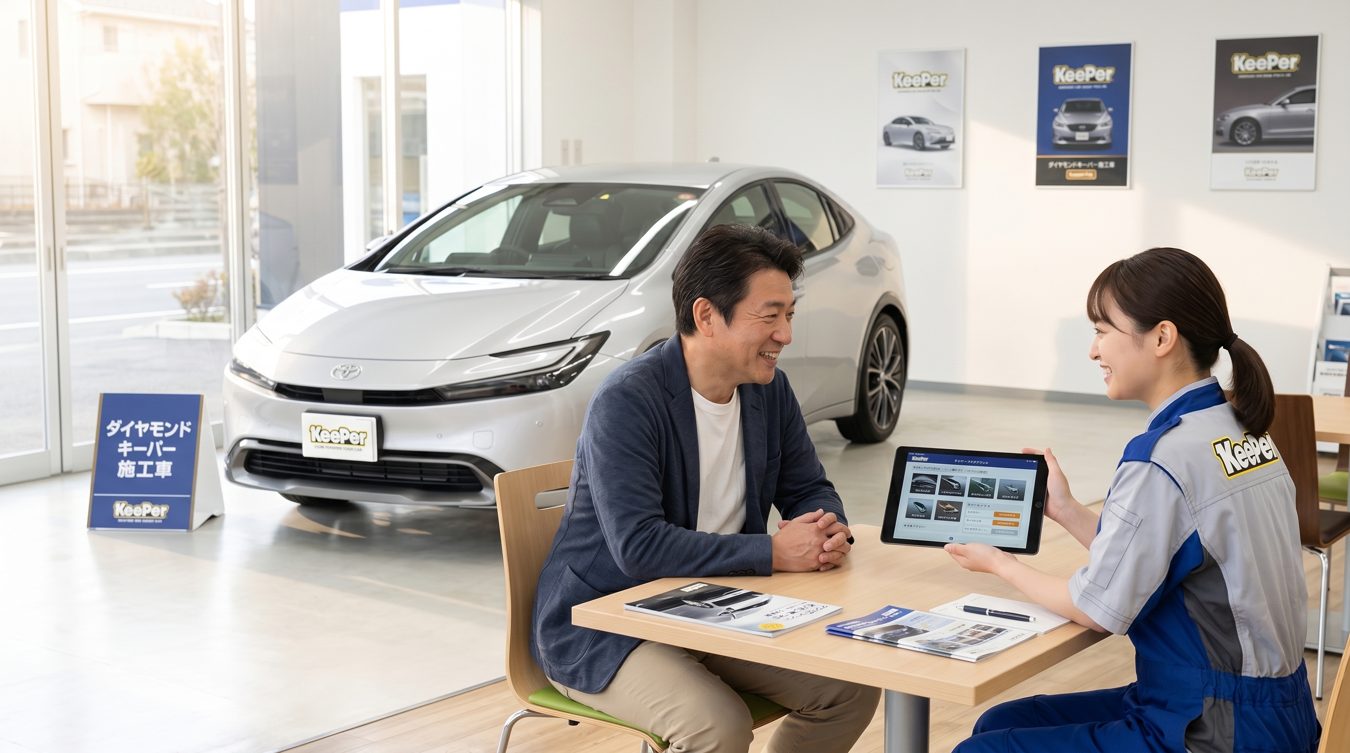 明るい光が差し込む店内で、車のオーナーと制服姿のスタッフがタブレットを見ながら笑顔でコーティングの施工プランについて相談しているリラックスした様子。