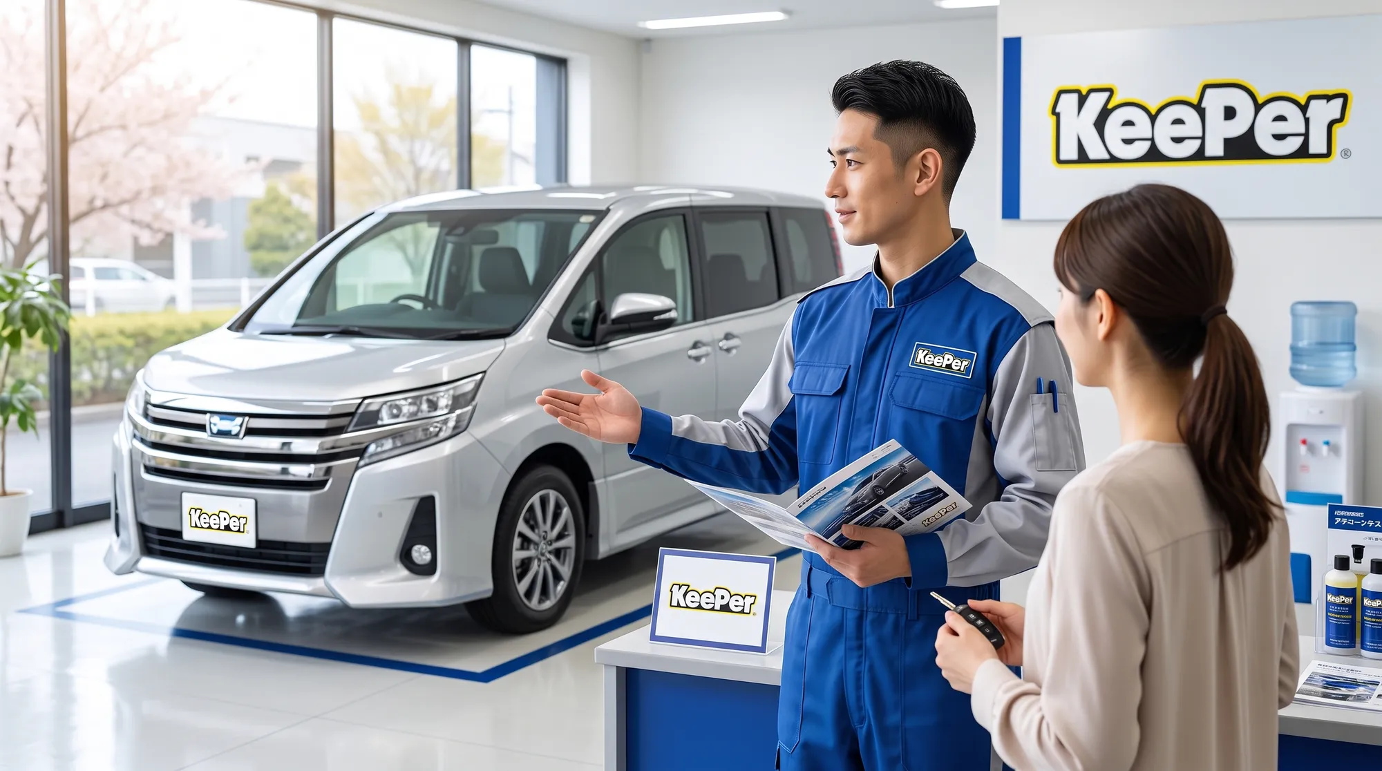 明るいショールームで、プロの技術者が車のオーナーへ丁寧に説明をしているシーン。背景の美しく仕上がったシルバーのミニバンが、清潔で爽やかな雰囲気を感じさせます。