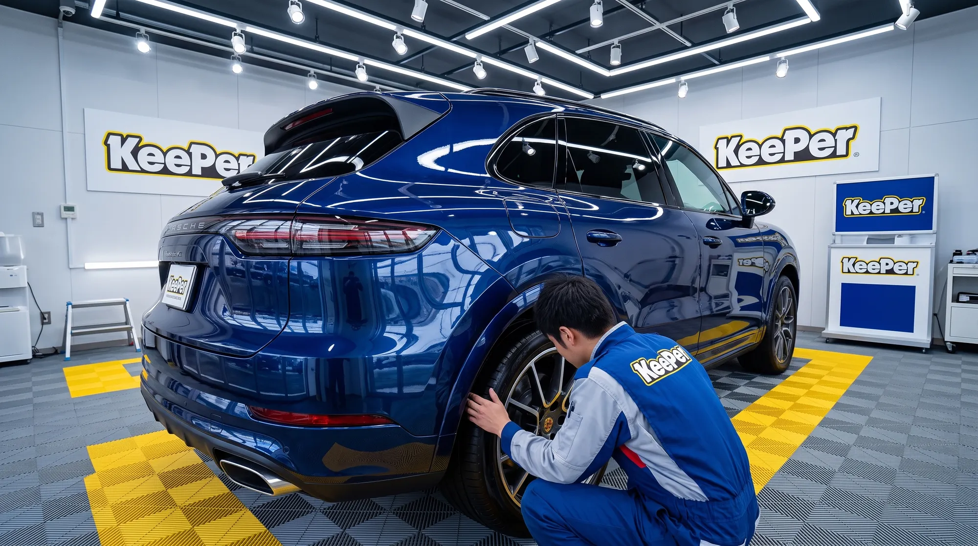 LED照明が並ぶ専用ブースで、施工が完了して鏡のように輝く深いブルーのSUVと、その美しい仕上がりを確認する制服姿の職人を広角で捉えたダイナミックな様子。