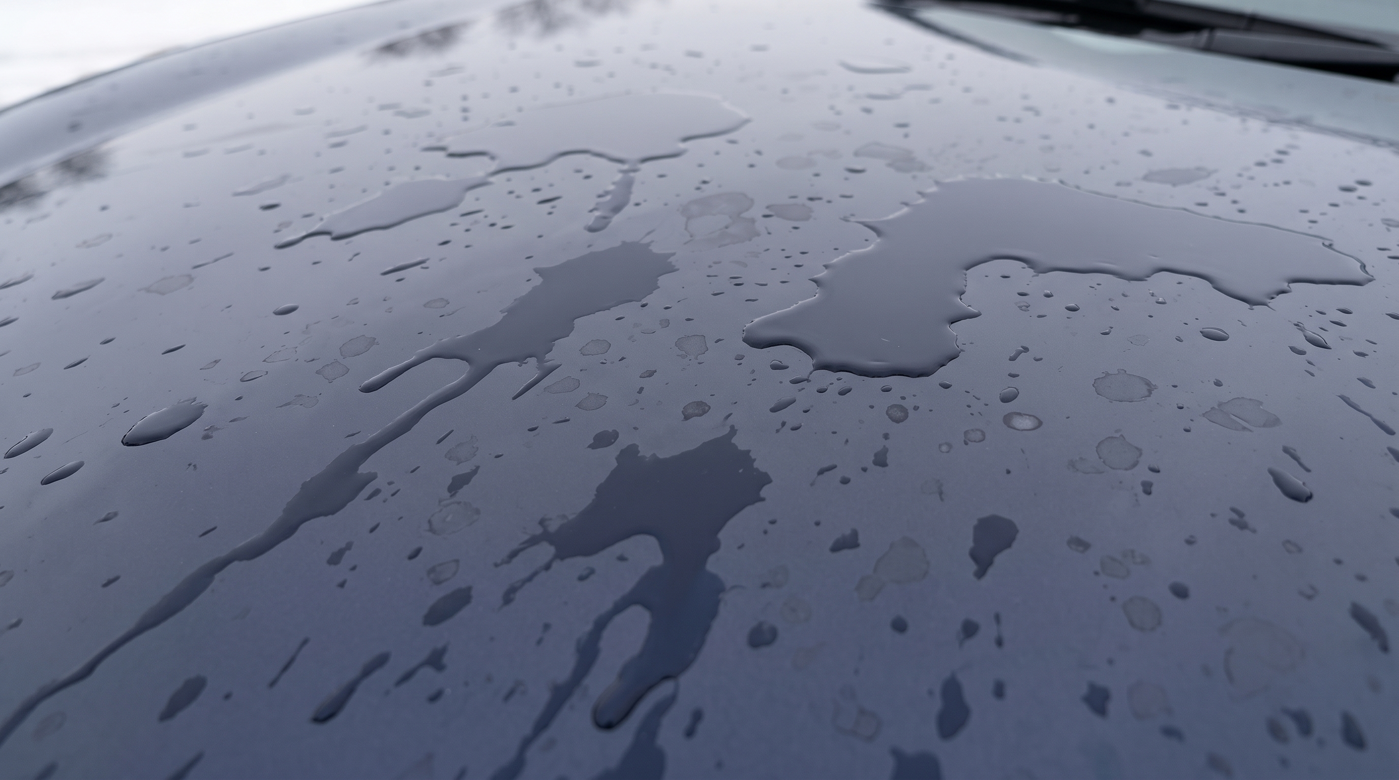 水弾きが低下し、平べったく崩れた水滴や薄い水シミが付着している濃紺の車のボンネットのクローズアップ。メンテナンス不足による塗装面のリアルな状態を示す様子。