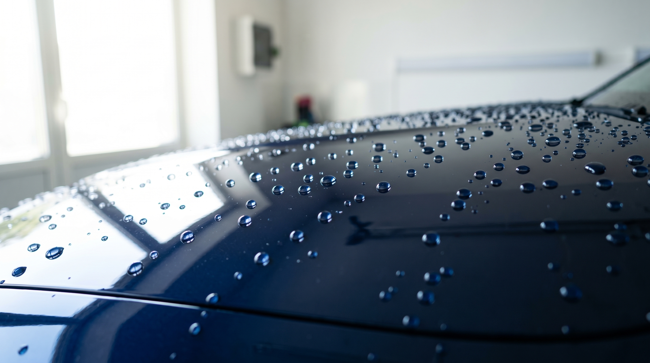圧倒的な光沢と艶を持つ濃紺の車のボディ表面のクローズアップ。爽やかな自然光の下、コーティングされた美しい塗装面の上で水滴が真ん丸に弾かれて滑り落ちていく様子。