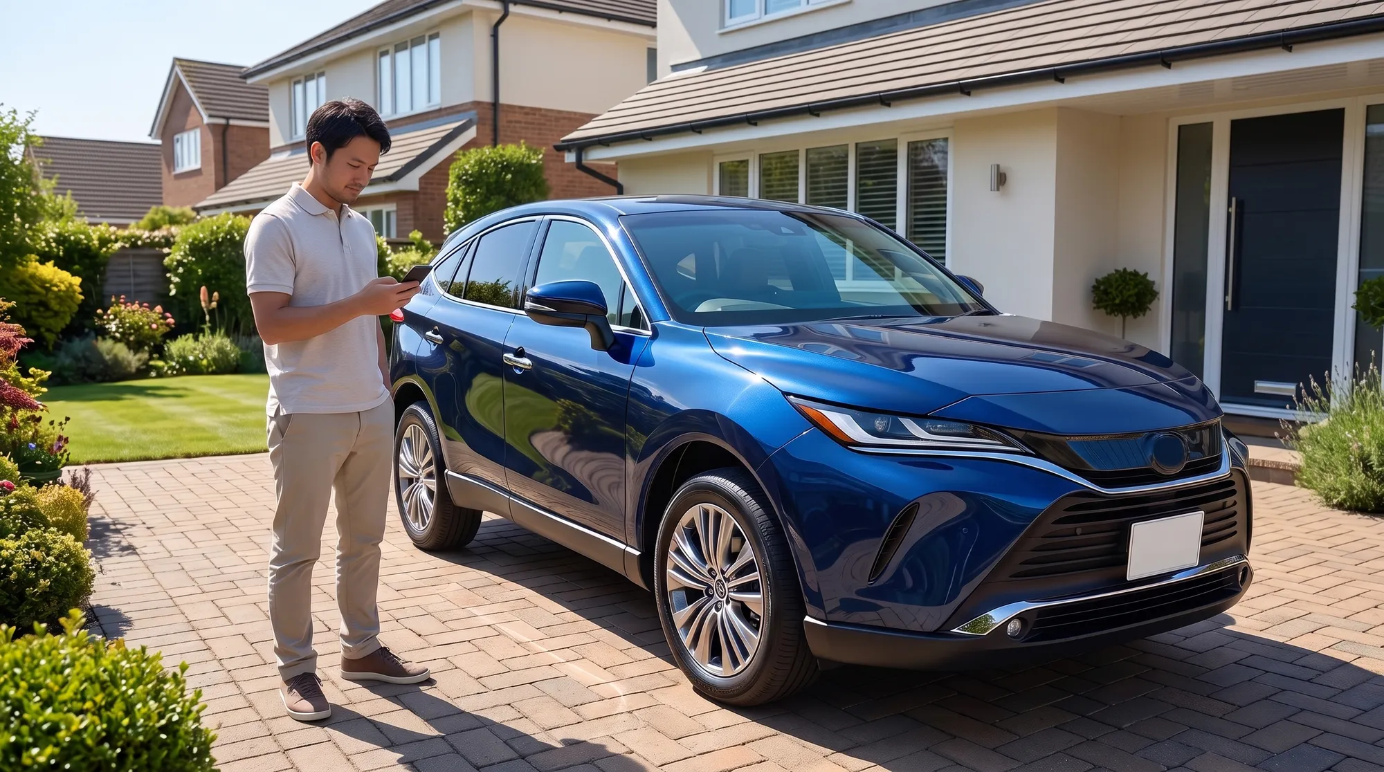 晴れた日の自宅駐車場で、納車されたばかりの輝く新車の横に立ち、スマートフォンでカーコーティングの情報を調べている男性オーナーの様子。