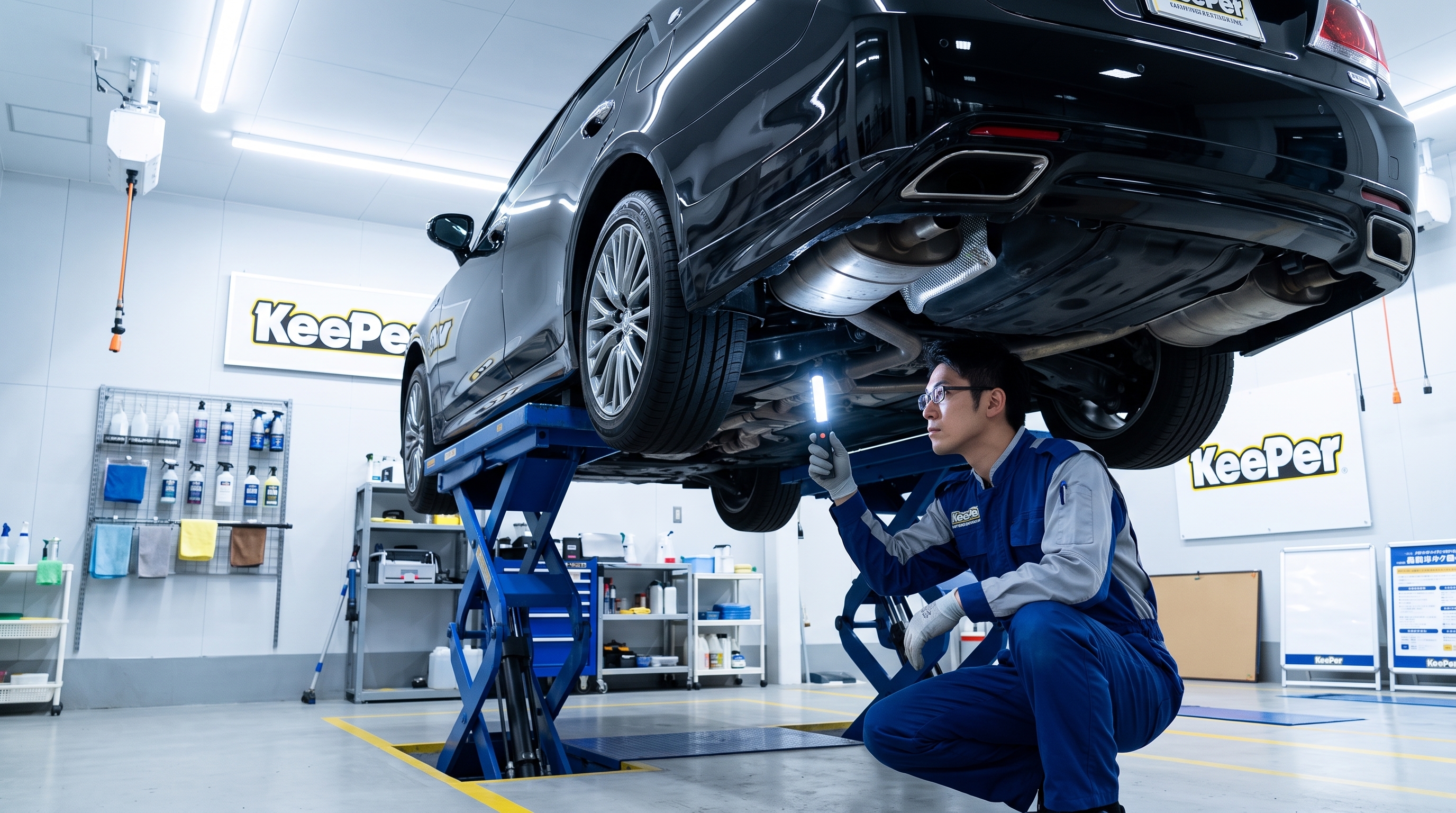 屋内の清潔な施工ブースで、リフトアップされた黒いセダン車を点検するスタッフの様子。LEDライトで車の下廻りやタイヤ周辺を照らし、丁寧に状態を確認している。