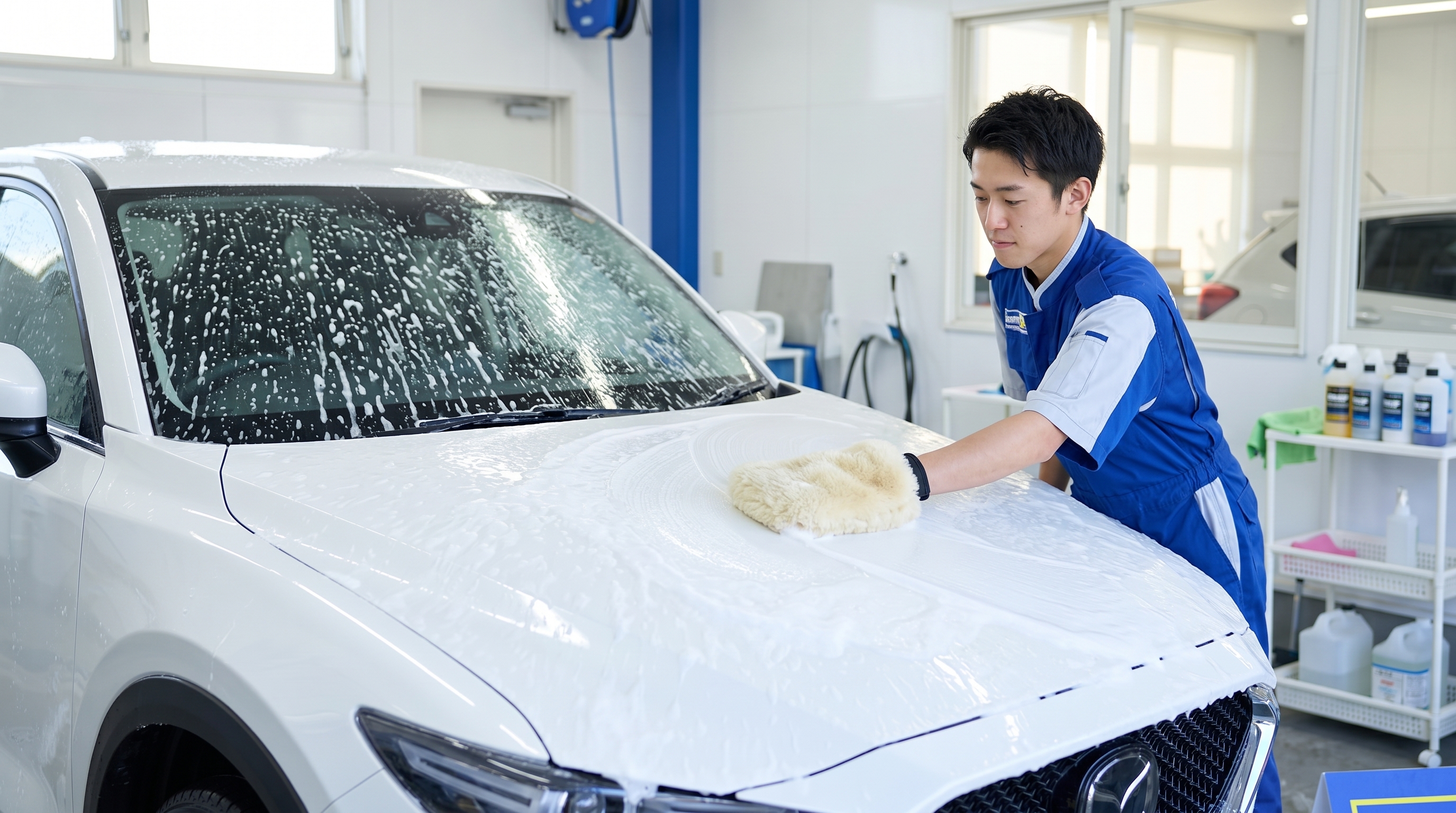 朝の光が差し込む屋内ブースで、白いSUVを丁寧に洗車しているシーン。たっぷりのきめ細かい泡とムートングローブを使い、スタッフが車体を優しく洗い上げています。
