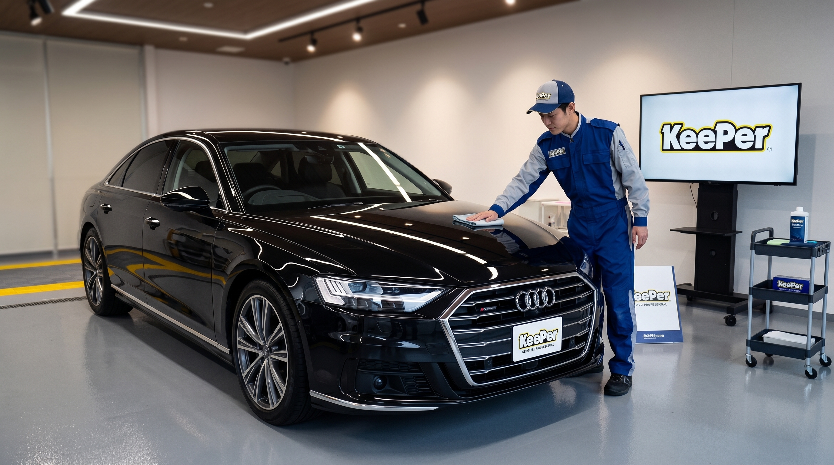 プロのカーコーティング施工によって艶やかに仕上がった車の様子。磨き上げられた塗装面に照明の光が美しく映り込む、落ち着いた高級感のある仕上がりを描写しています。