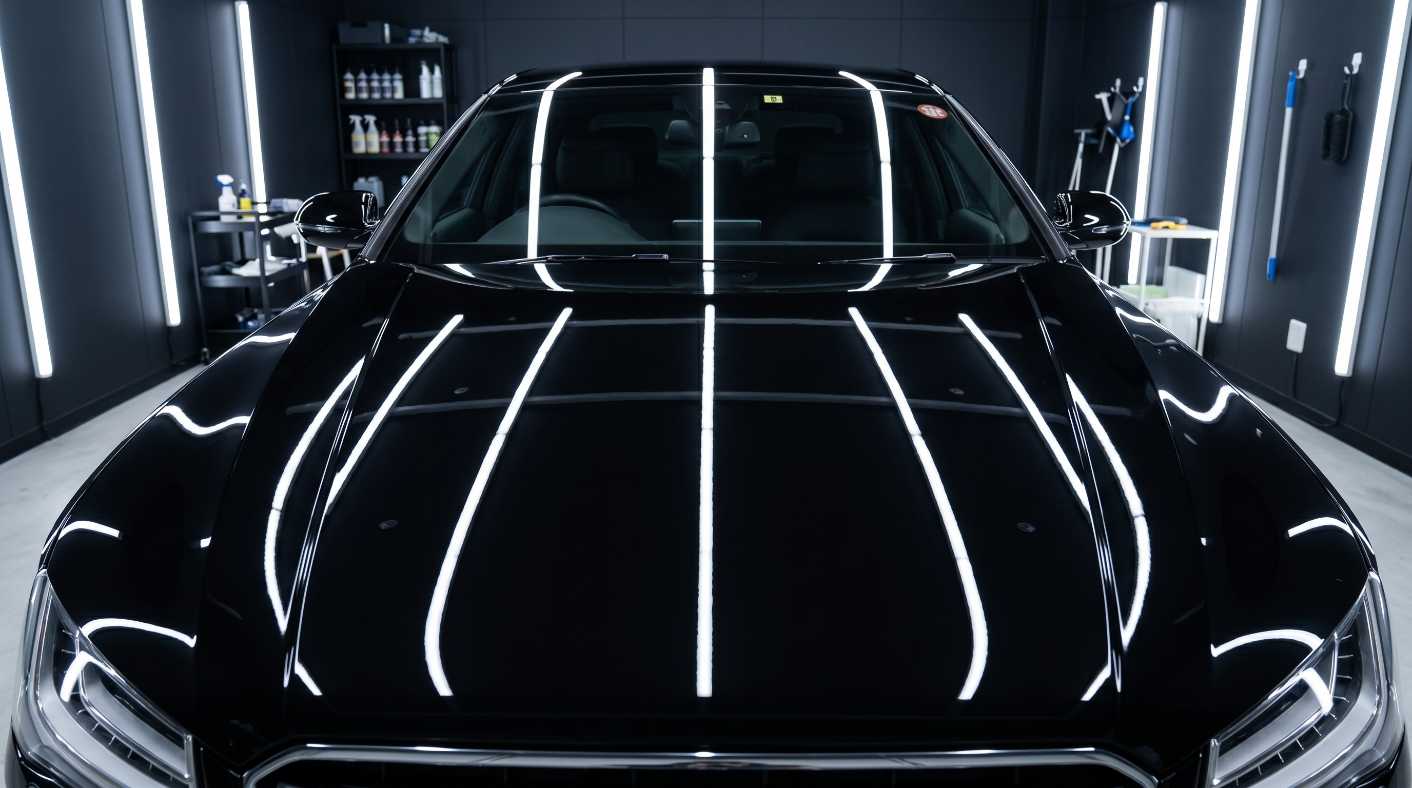 極上の艶を放つ黒い車のボンネットのクローズアップ。鏡のようなボディ表面に屋内ブースのLED照明がくっきりと反射している、美しいコーティングの仕上がりの様子。
