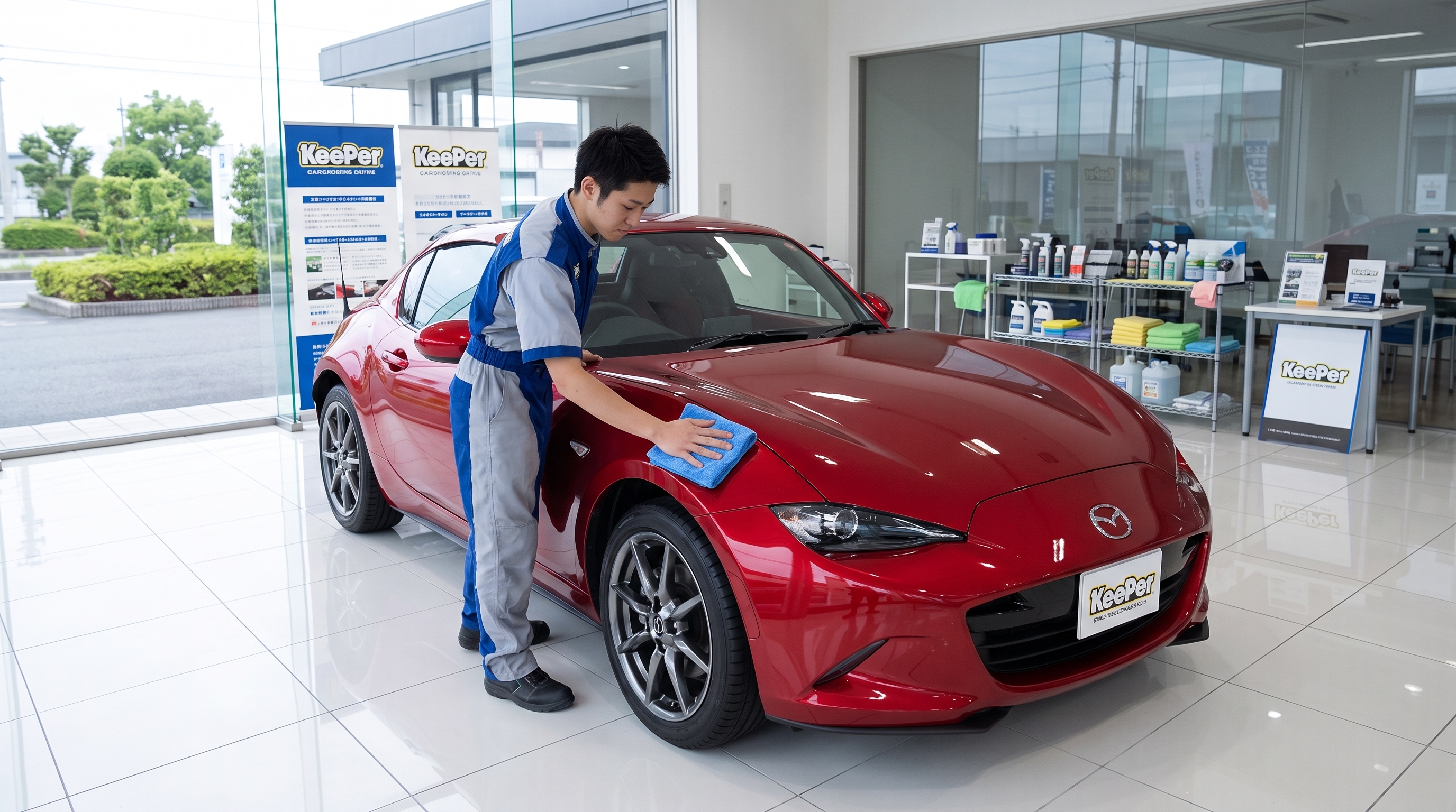 清潔なショールームで、スタッフが柔らかいクロスを使い赤いスポーツカーを丁寧に拭き上げている様子。新車以上の美しいツヤを復元するメンテナンス作業の風景です。