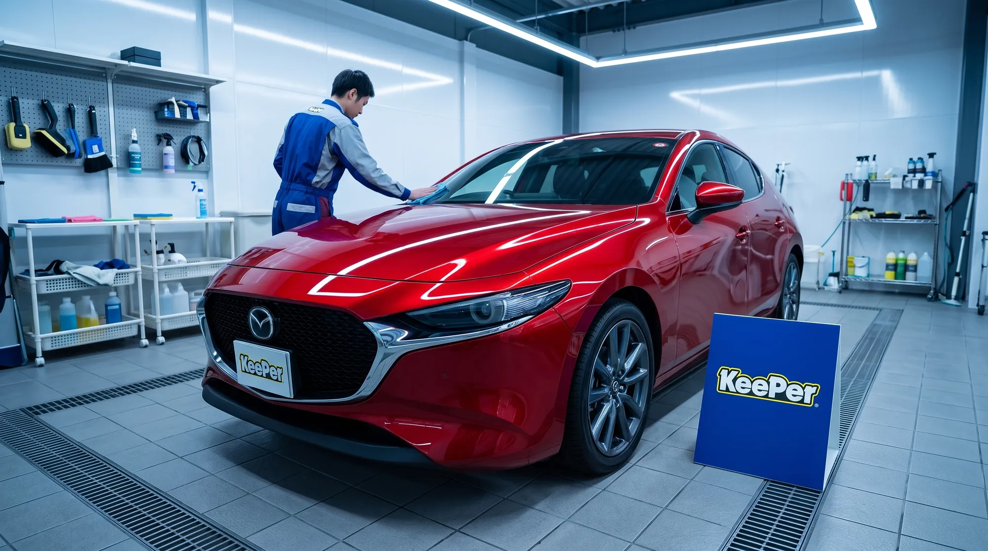 LED照明が均一に照らす清潔で洗練された全天候型の洗車・コーティングブースの内観と、そこに停められた仕上がったばかりの美しい赤い車の様子。