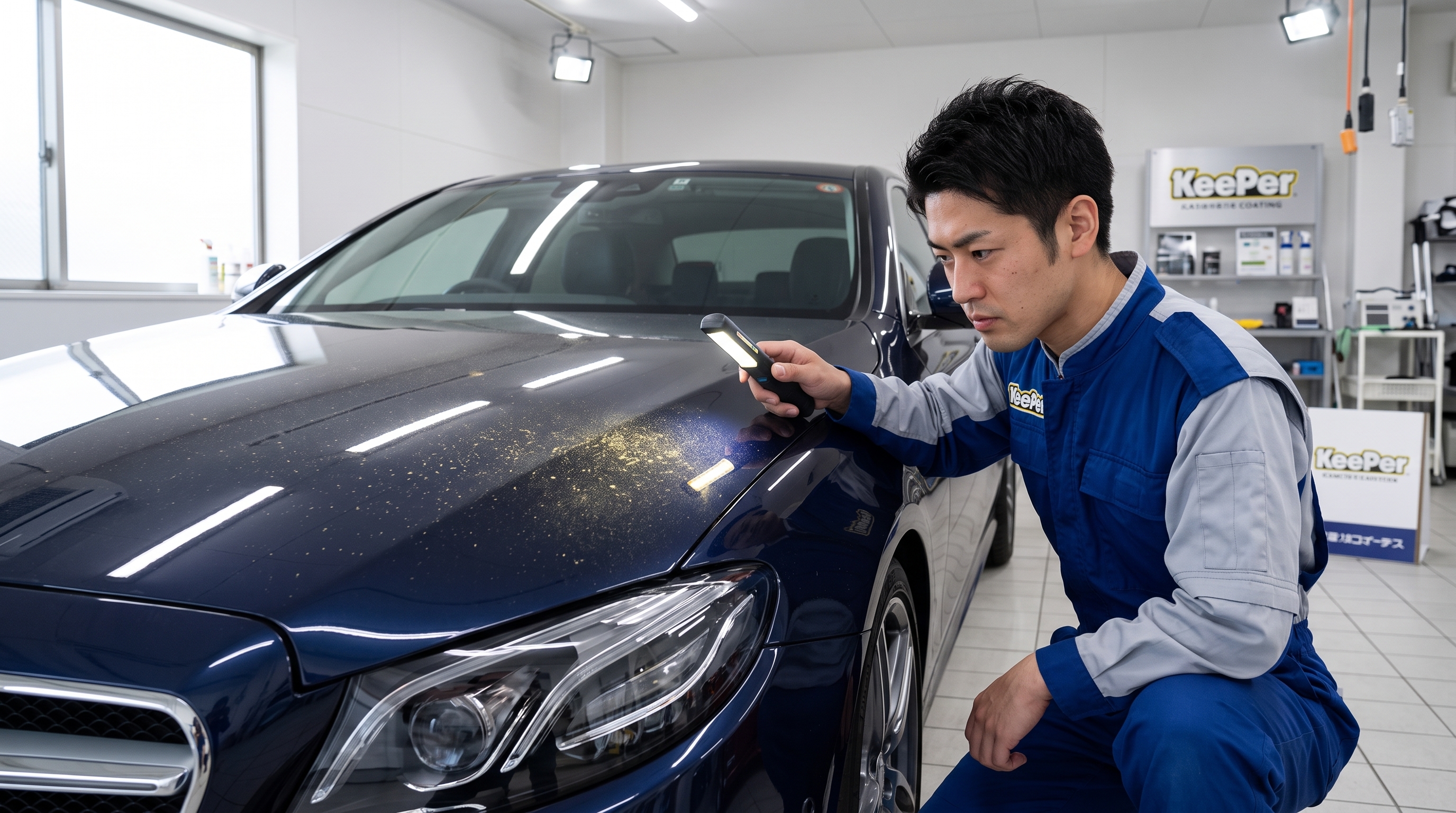 屋内の施工ブースで、スタッフがダークブルーの車のボンネットに付着した花粉をLEDライトで照らし、塗装への影響を慎重に確認しているプロの真剣な作業風景です。