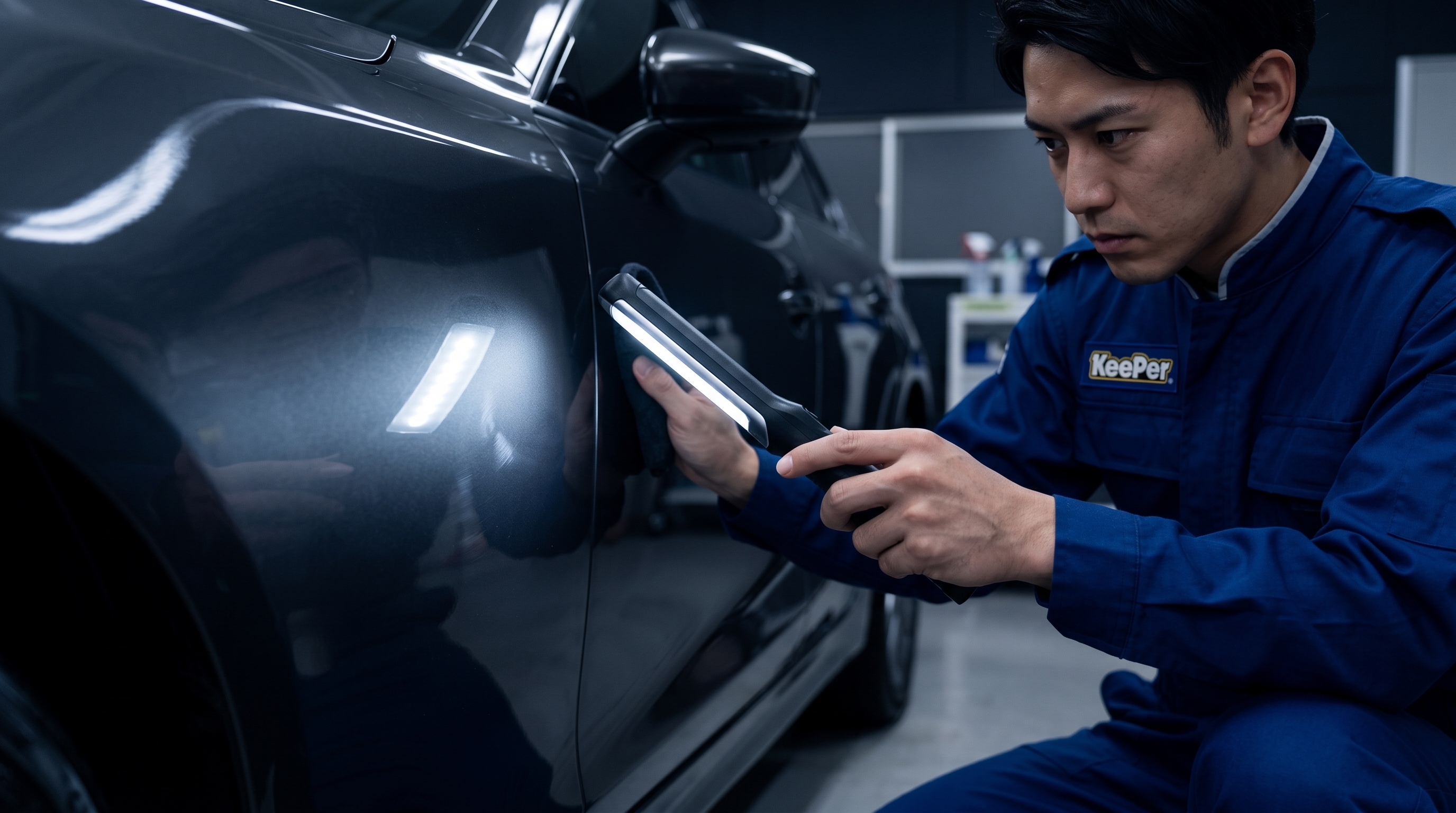 薄暗い屋内ブースで、施工スタッフが車のボディをLEDライトで照らす様子。微細な傷やクスミを真剣にチェックする手元にピントを合わせたクローズアップ写真です。