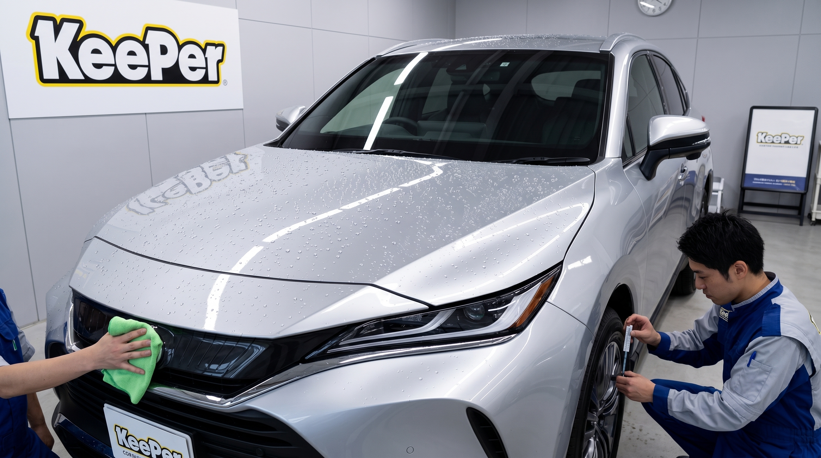 車のメンテナンスやコーティング施工をクローズアップしたシーン。ボンネットの上で水滴が玉のように美しく弾く、コントラストが高くクリアな撥水状態を描写しています。