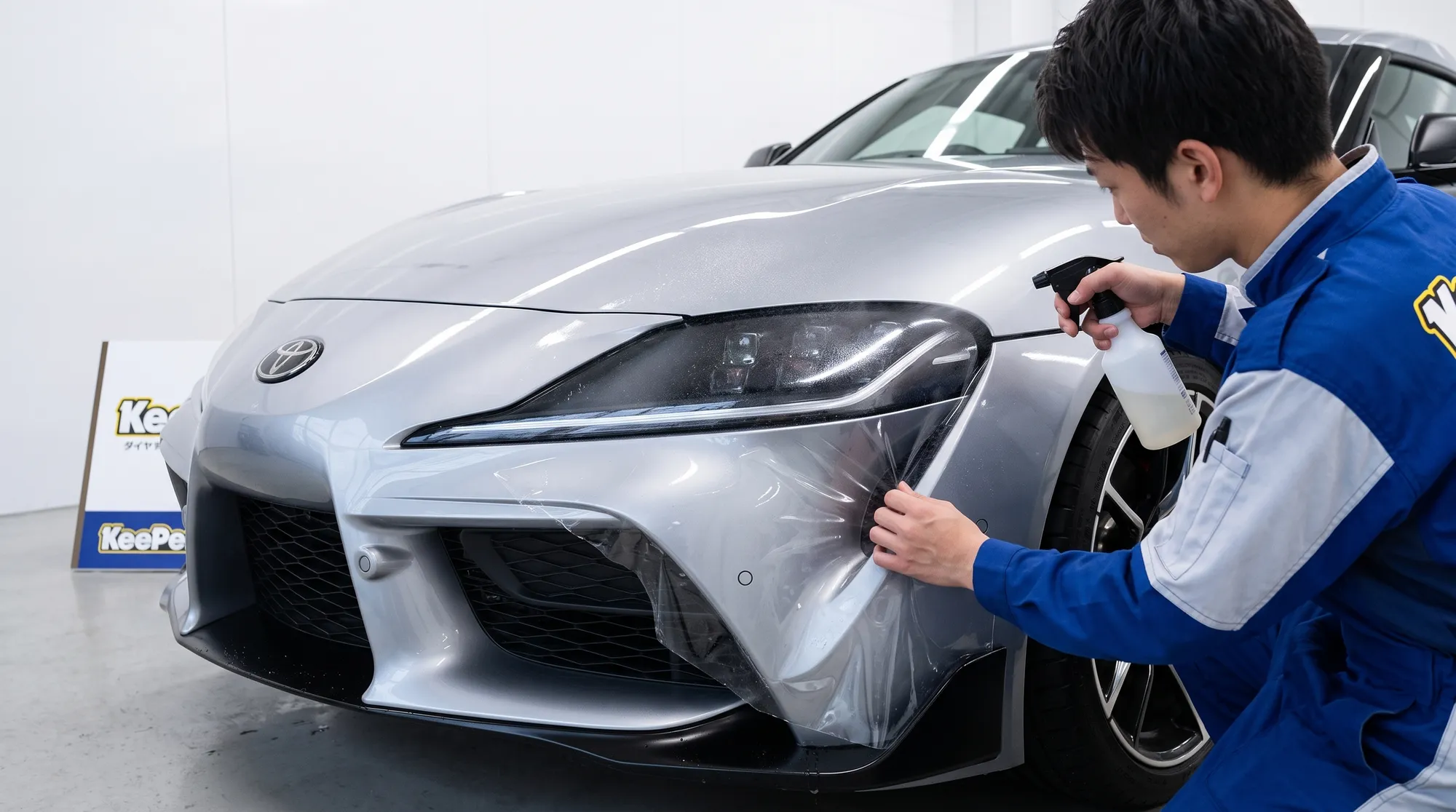 屋内ブースでスポーツカーのフロントバンパーに透明な保護フィルムを貼り付けているシーン。スプレーでミストを吹きかけながら位置を微調整するスタッフの作業風景です。