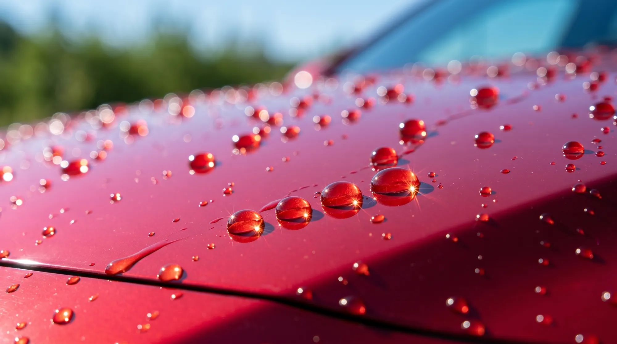 赤い車のボンネットを美しい球体の水滴が滑り落ちていく瞬間を捉えたクローズアップ写真。太陽の光が水滴に反射し、強力な撥水効果とボディの透明感が伝わる様子。