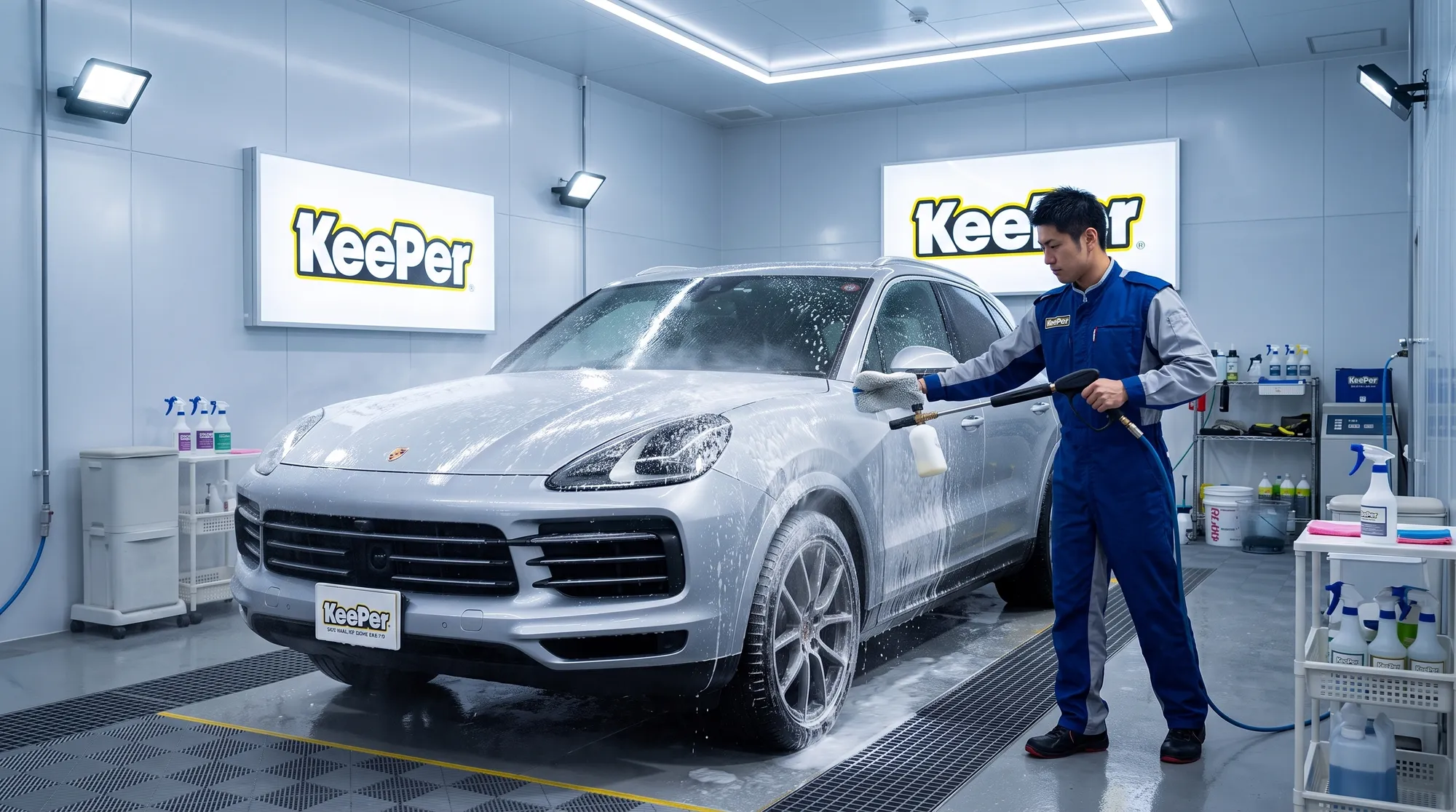 設備の整ったコーティング専用ブースの中で、プロのスタッフが高圧洗浄機と専用のカーシャンプーを使用して車を丁寧に洗車している様子。