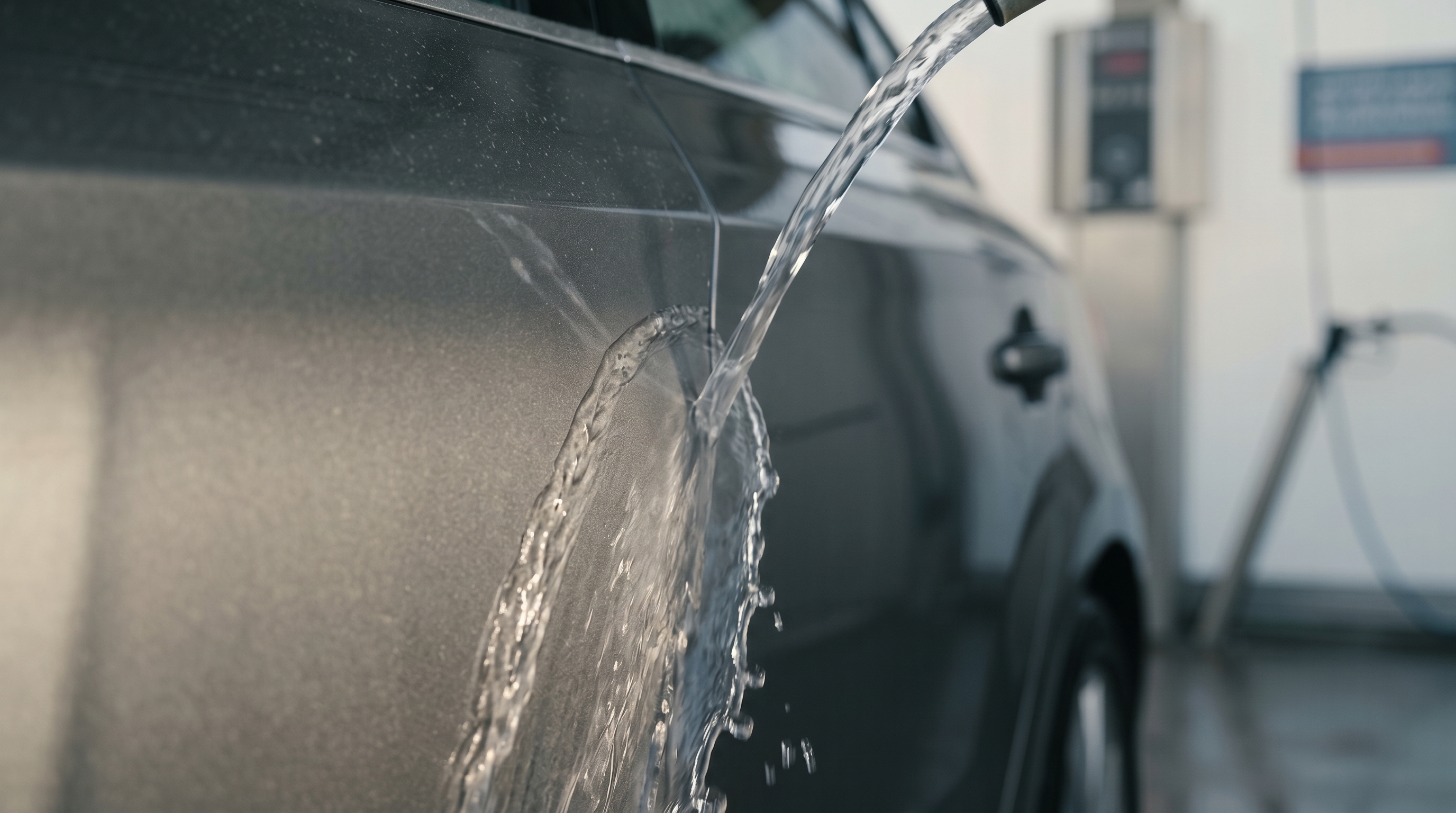 メタリックグレーの車のドアパネルに優しく水流が注がれる様子のマクロ撮影。コーティングの防汚効果により、表面の軽い汚れが水だけで簡単に洗い流されていくシーンです。