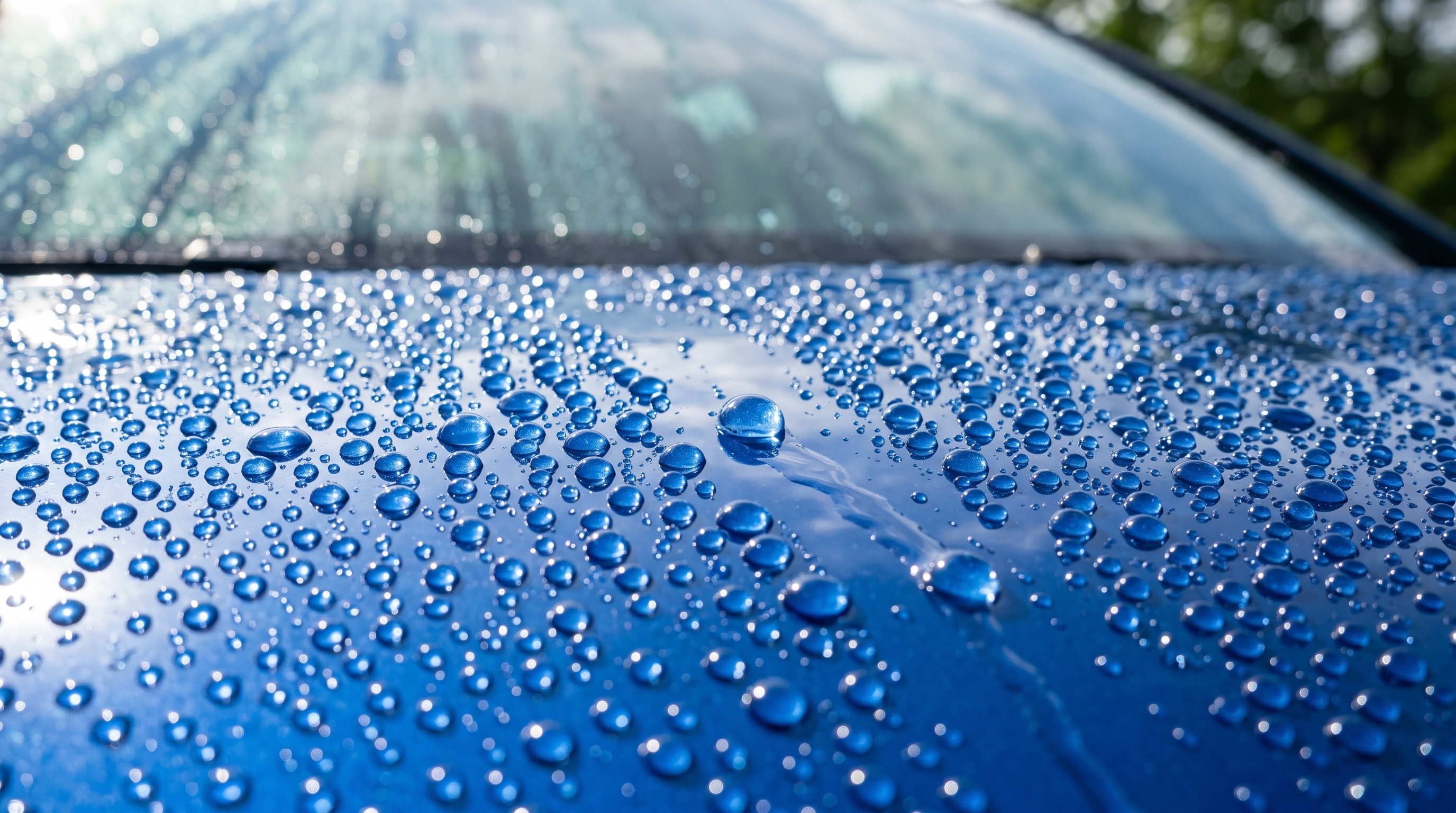 鮮やかなブルーの車のボディ表面に、無数の美しい水滴が形成されている様子。太陽の光を反射しながら、水玉が滑り落ちる瞬間を捉えたみずみずしいクローズアップです。