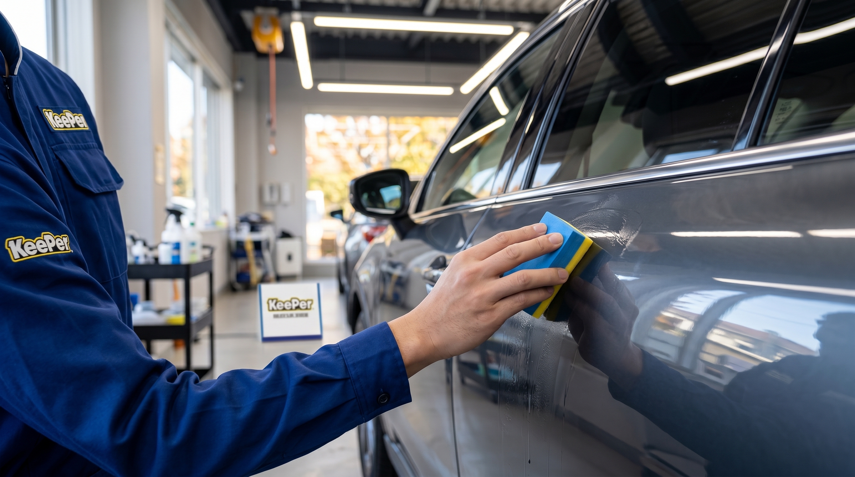 明るい屋内ピットで、車のボディにコーティング液剤を丁寧に塗り広げるスタッフの手元のクローズアップ。温かみのある光に包まれたプロフェッショナルな施工風景。