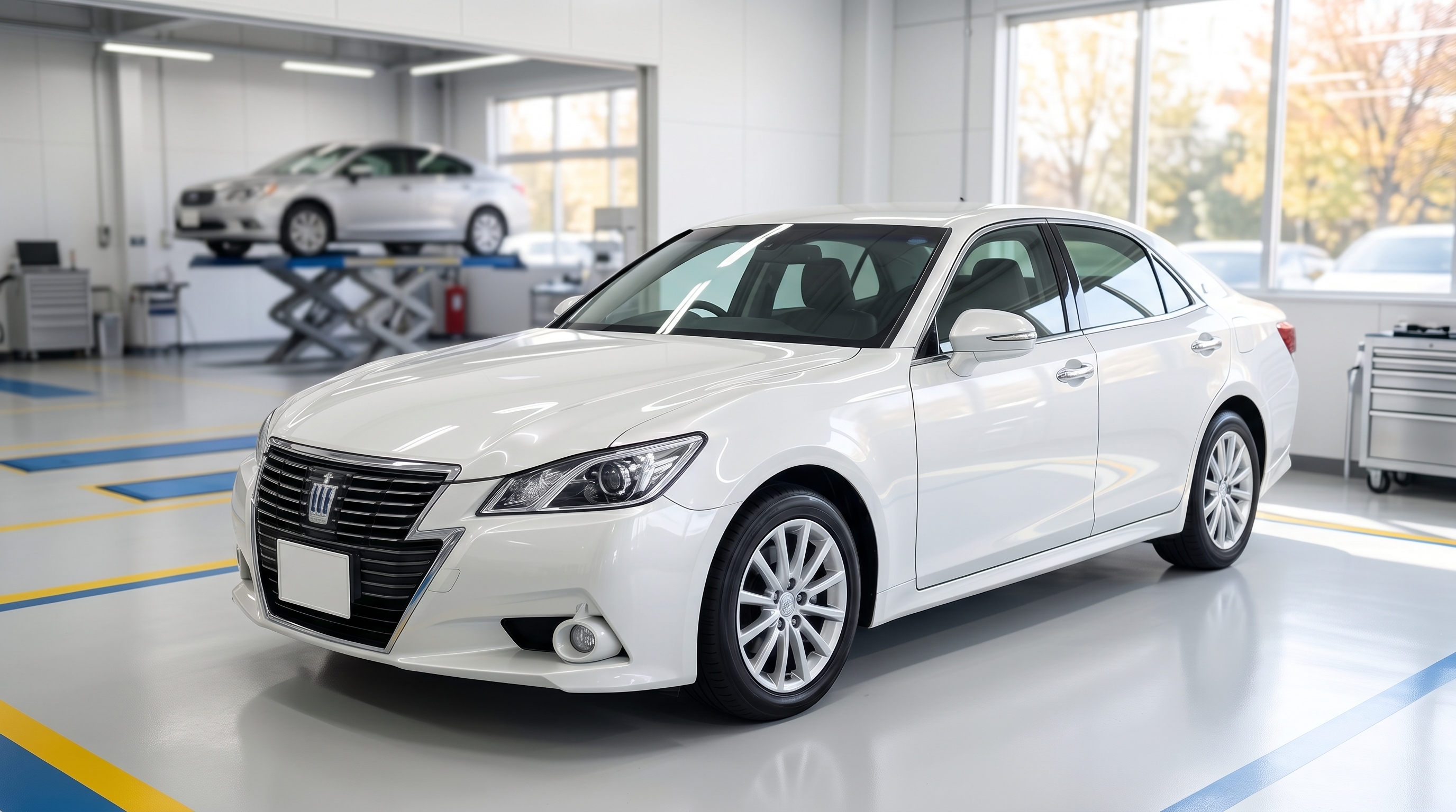 鏡面のように輝く白いセダンが停まる清潔な自動車整備工場の様子。奥にはリフトアップされて点検中の車が見え、柔らかな自然光が差し込む広々とした空間のシーンです。