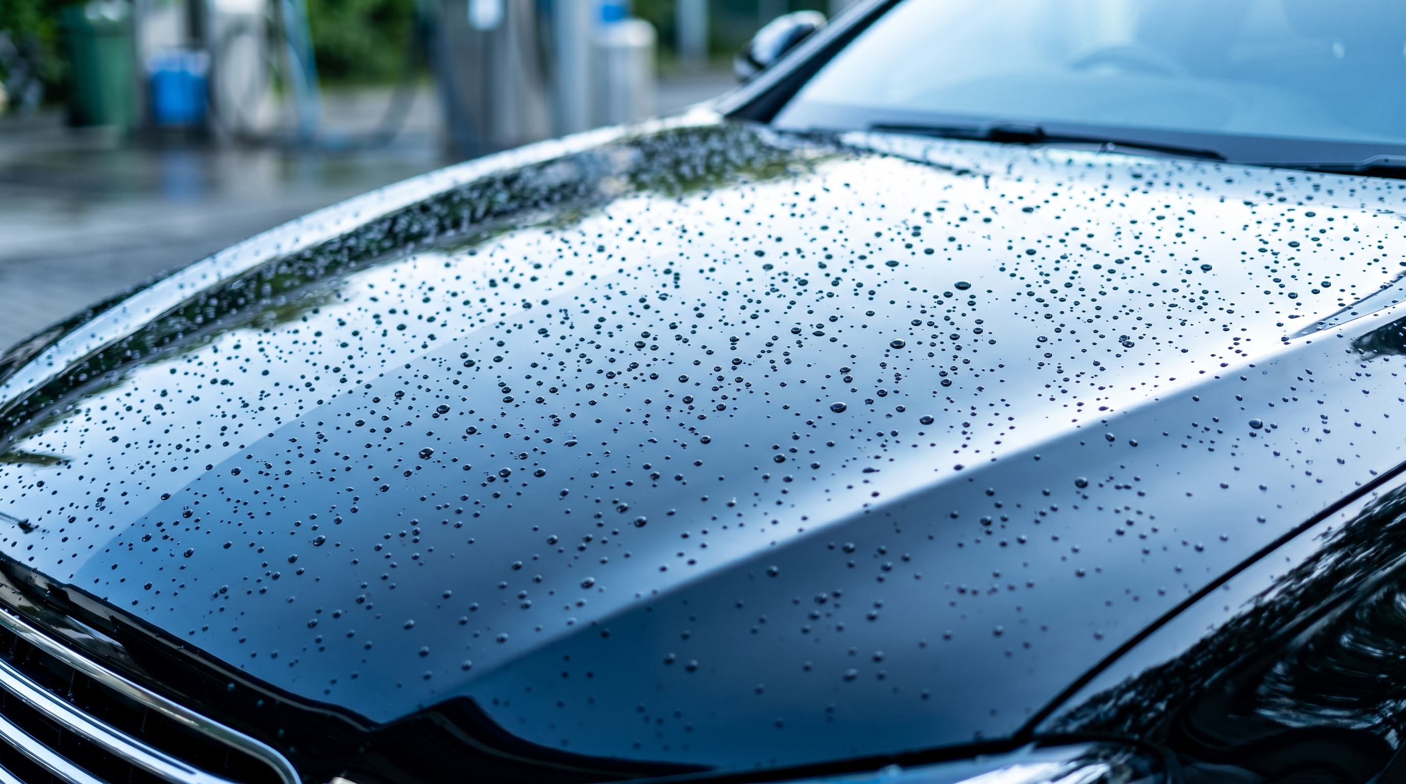 ピカピカに磨き上げられた黒い車のボンネットで、水滴が美しく弾いている様子。ブルーとシルバーを基調としたクリアな色合いで撮影された、車のクローズアップ画像です。