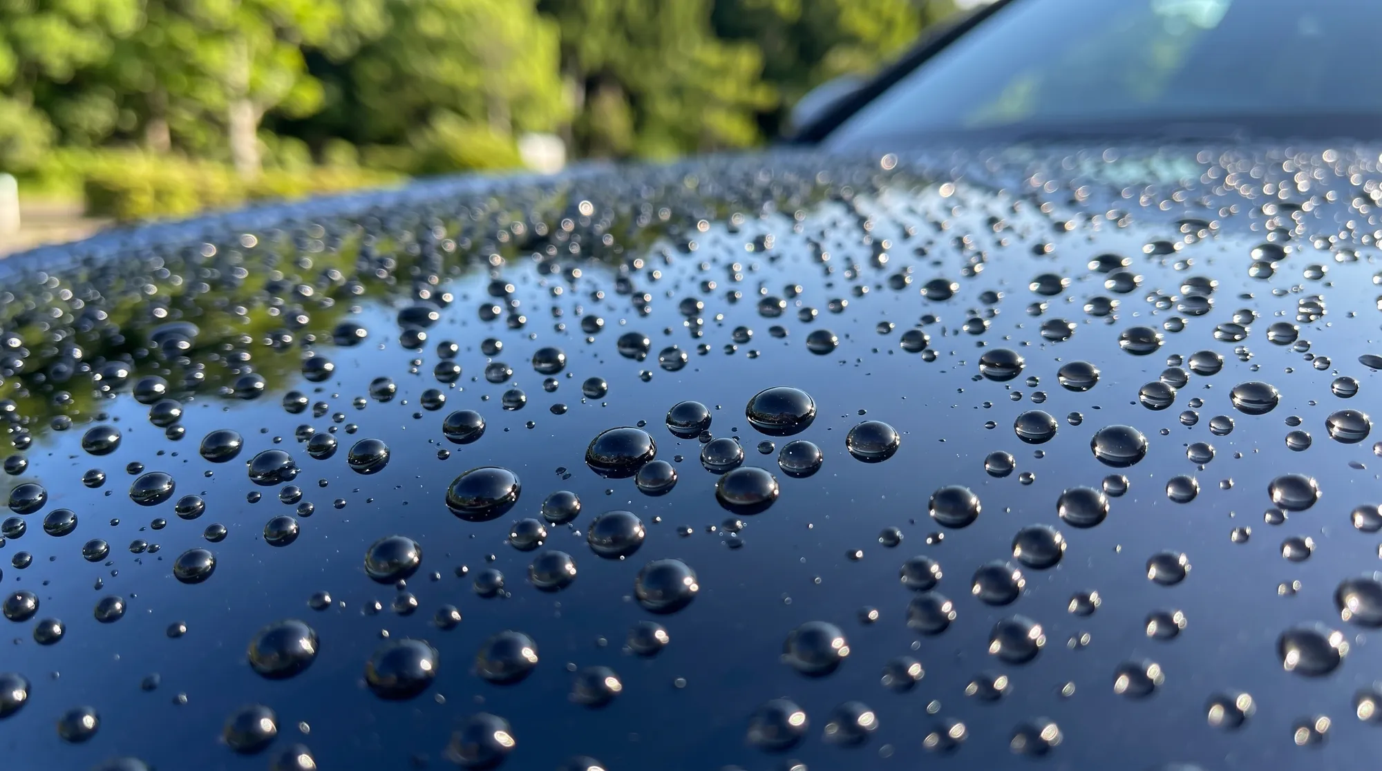屋外に停められた深い黒色の車のボンネットのクローズアップ。表面に球状の水玉が多数形成され、水滴に青空と太陽の光が反射している、強い撥水効果が伝わる様子です。