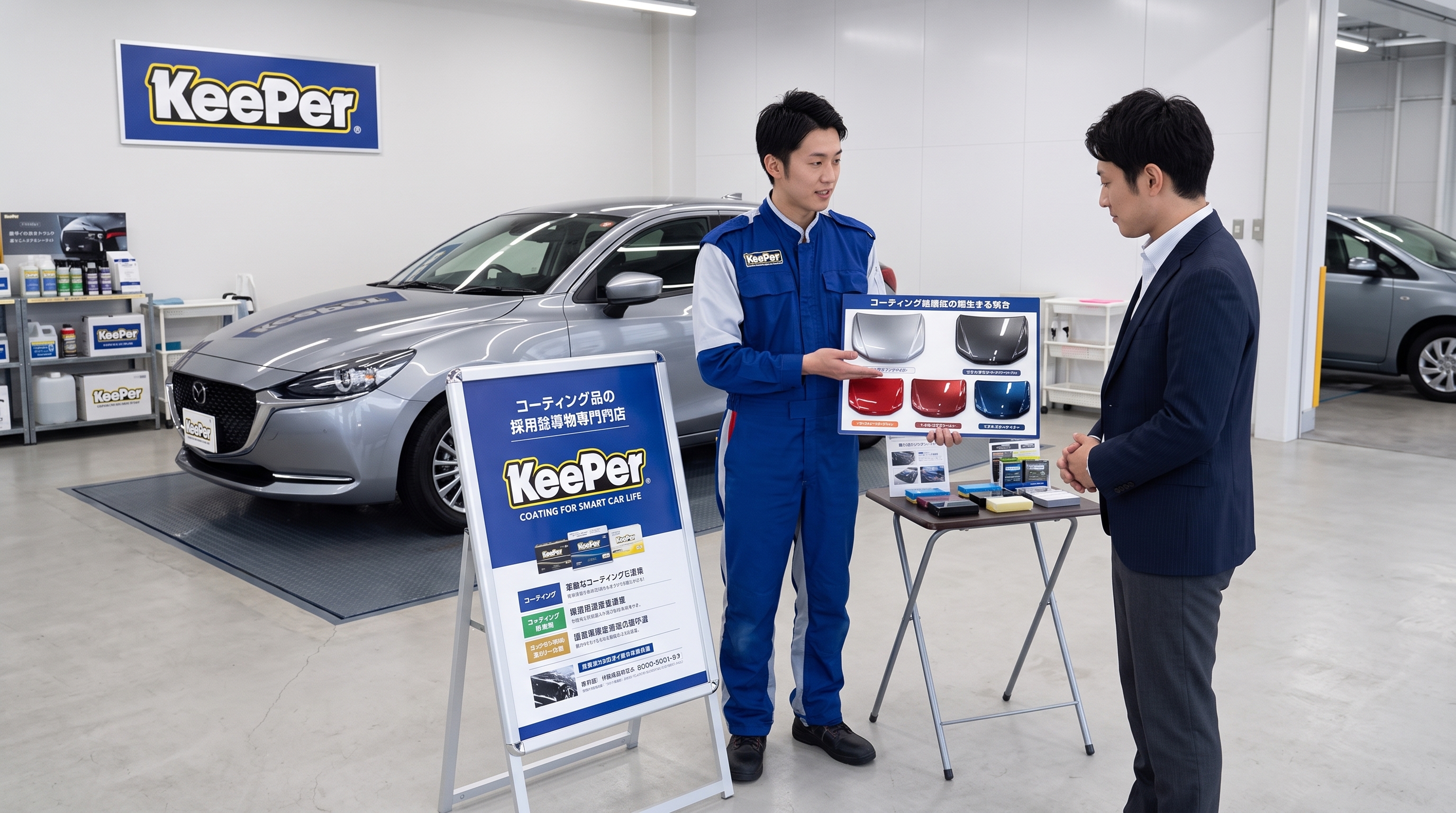 清潔感のある専門店の店内で、ユニフォームを着たスタッフがお客様に対して塗装パネルのサンプルを見せながら、コーティングの特性を説明している様子。