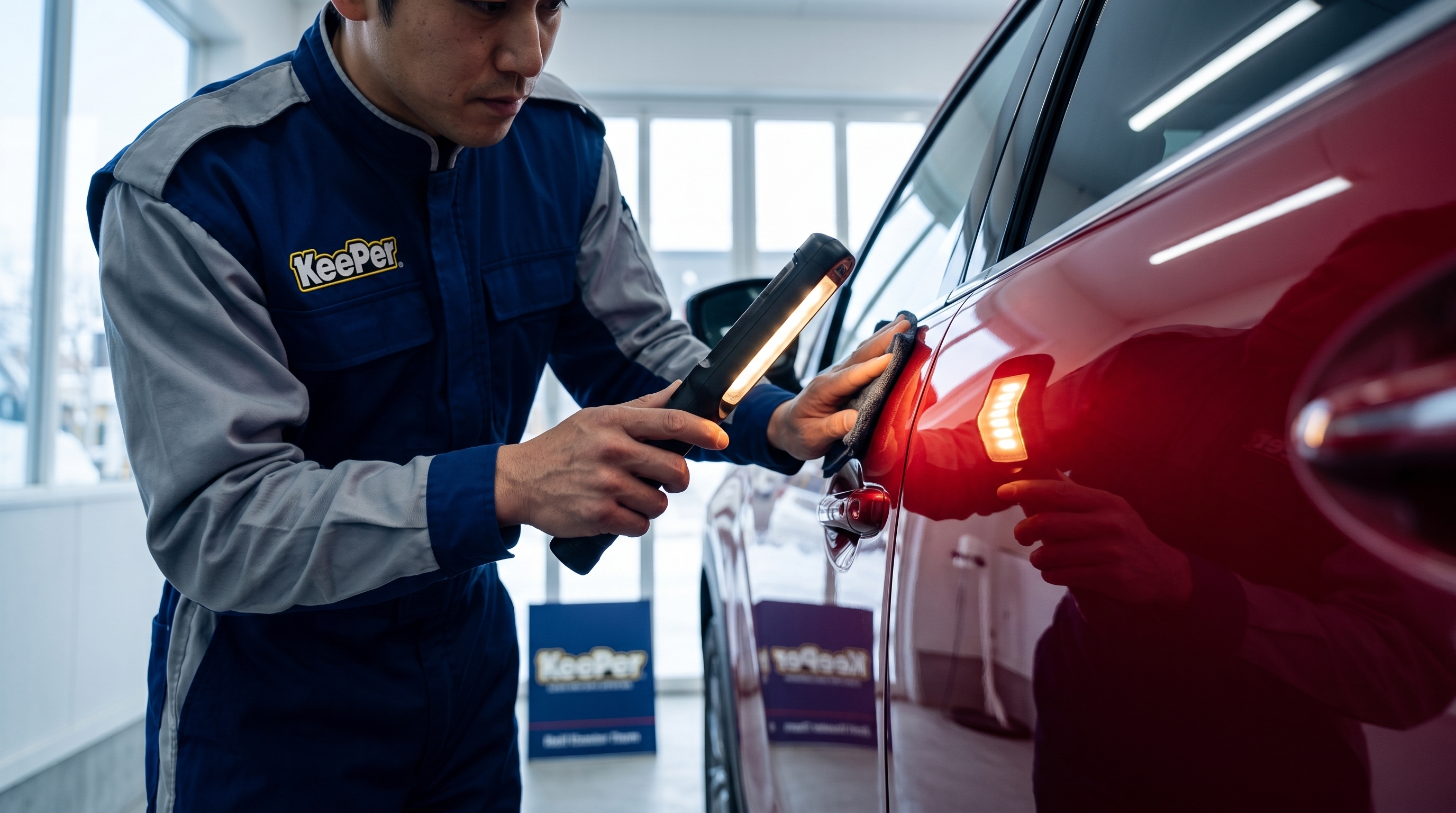 清潔な点検用ブースにて、スタッフが専用LEDライトを赤い車のサイドパネルに当て、ボディの深い艶やコーティング状態を入念にチェックする手元のクローズアップ。