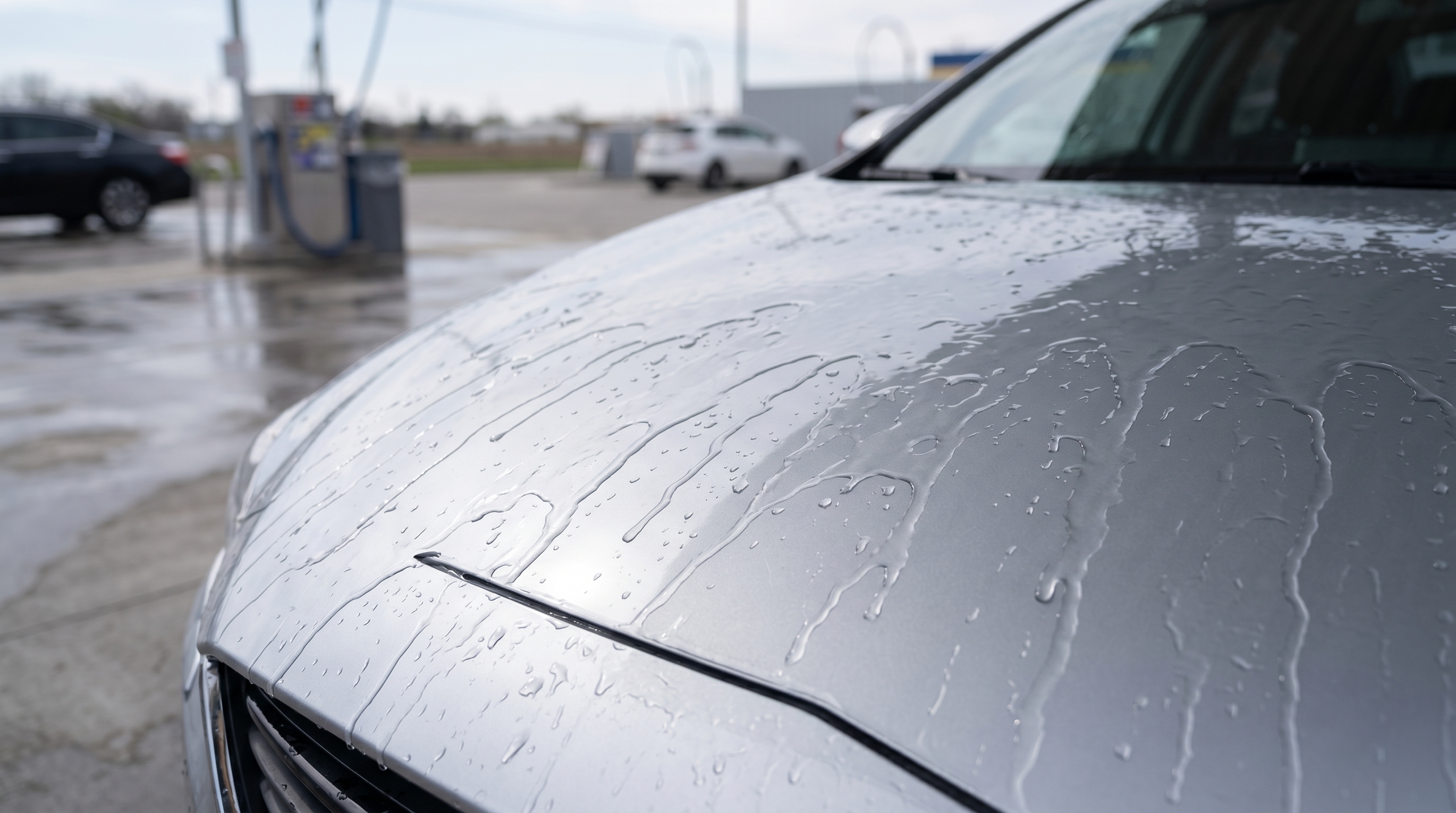 屋外の洗車スペースで、コーティングの撥水効果が弱まり水玉にならずべったりと水が張り付いた状態になっているシルバーの車のボンネットのクローズアップ。