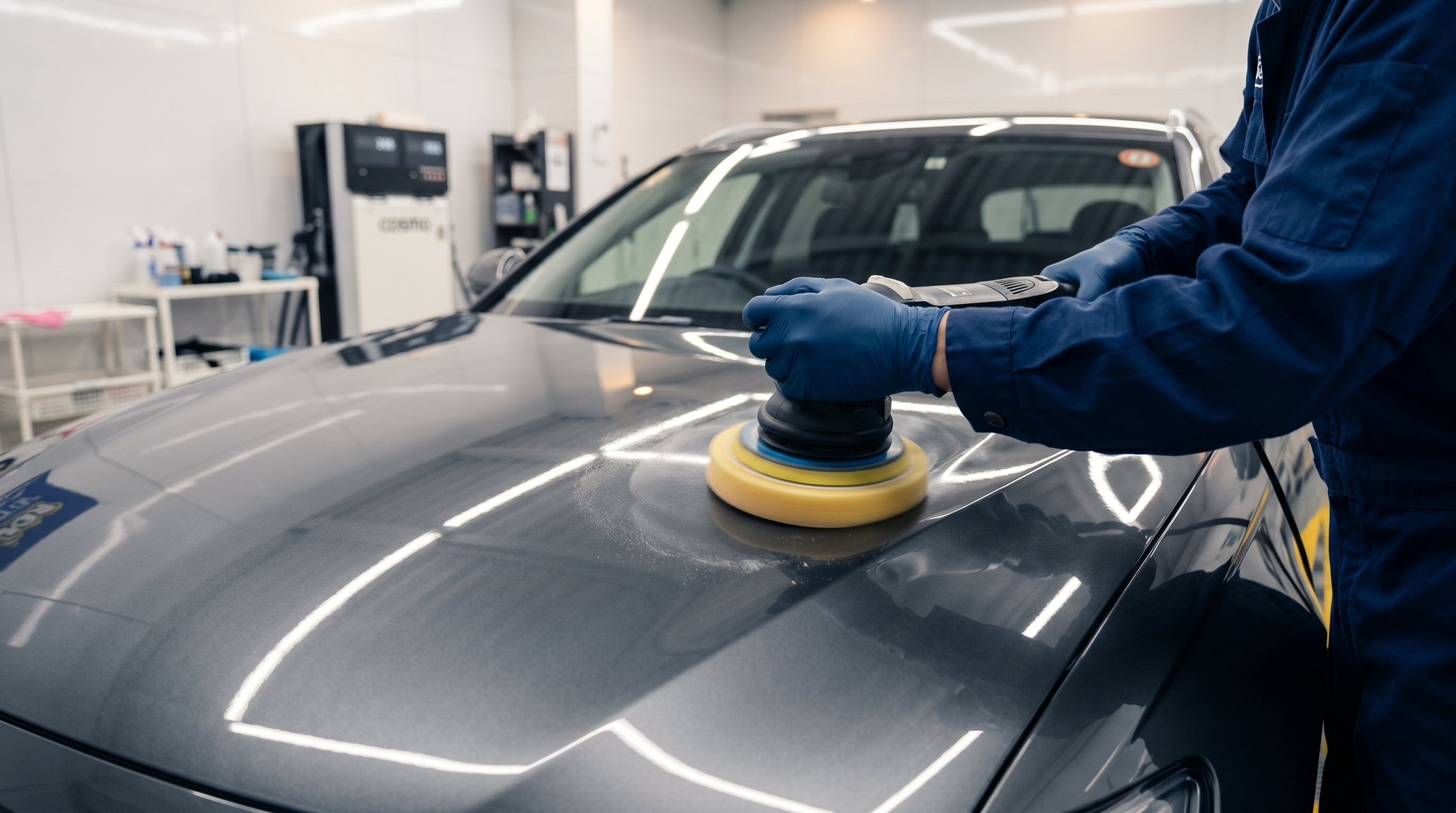 LED照明が配置されたプロ仕様のピット内で、専用のポリッシャーを使って車のボンネットを丁寧に磨き上げる施工スタッフの手元を写したクローズアップ。